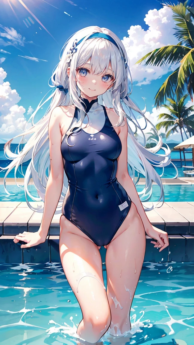 white hair,long hair,Bangs,Bangs整齐,Blue headband,Gray eyes,girl,Lovely,Smiling expression,Happy and happy expression,Navy blue swimsuit,Wet on the body,whole body,Standing in the pool,Don't show your arms,Background is beach,Hawaii,Blue sky and white clouds