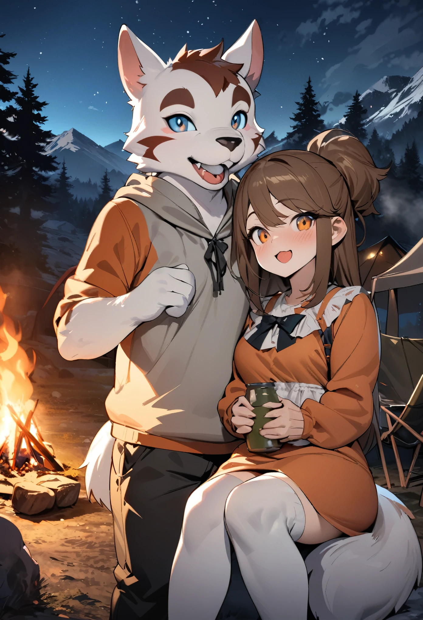 top quality, best quality, High-quality illustrations, masterpiece, super high resolution, detailed background, detailed background, Campsite in the mountains, group shot, 1boy, 1girl, camp-fire, night sky, absurdres, perfect anatomy(Photo of family trip)(kemono, furry anthro)selfie,