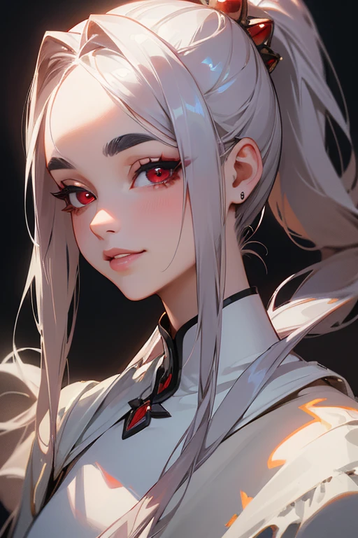 (highest quality, masterpiece:1.2), High resolution, 最高masterpiece、Very detailed, Realistic:1.37, Fantasy, An illustration,Gray Hair、 Red eyes、Queen, White Dress、Platinum decoration、beautifully、Eyeshadow Red、Thick eyebrows、Long eyelashes、pupils are black、shiny on the lips、Top Sites、Queen、Princess、ponytail、A kind smile、Show your teeth a little and smile、Soft impression、people々々々々々々々Loved by、Slimming the face、Shoulder Bare、sexy、learn more、Braiding、Kissing Face、