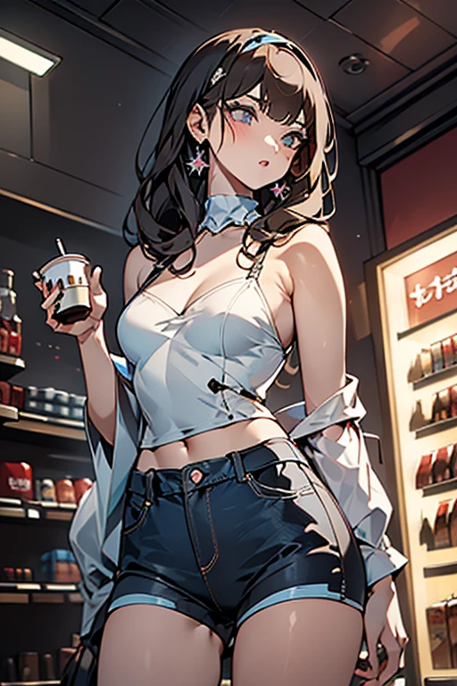 (masterpiece, Best Quality, ultra-detailed, high resolution, extremely detailed CG, official art, Professional Lighting, Perfect Anatomy, anime colors), (from below), looking at viewer, cowboy shot, perfect body, a 24yo beautiful girl, sidelocks, hairband, earrings,medium hips, glamorous body,a small face,beautiful-makeup,Makeup light,dark brown hair, Amazing Cleavage, thin waist, cute ass, Raised sexy, small breast: 1.2 posed cleavage:1.2, (off shoulders,Denimbra,legginullnude), micro denim shorts, bare legs, nail_polish, pale skin, Waiting friend, (morning:1.5), tokyo, (convenience store:1.3), outdoor, (depth of field:1.3), contrapposto, (Hold a coffee in your hand:1.3),delicate beautiful face, Bright blue eyes, cute eyes, sparkling eyes, Big eyes, (perky chest:1.1), (pointed chest:1.3), looking at viewer,
