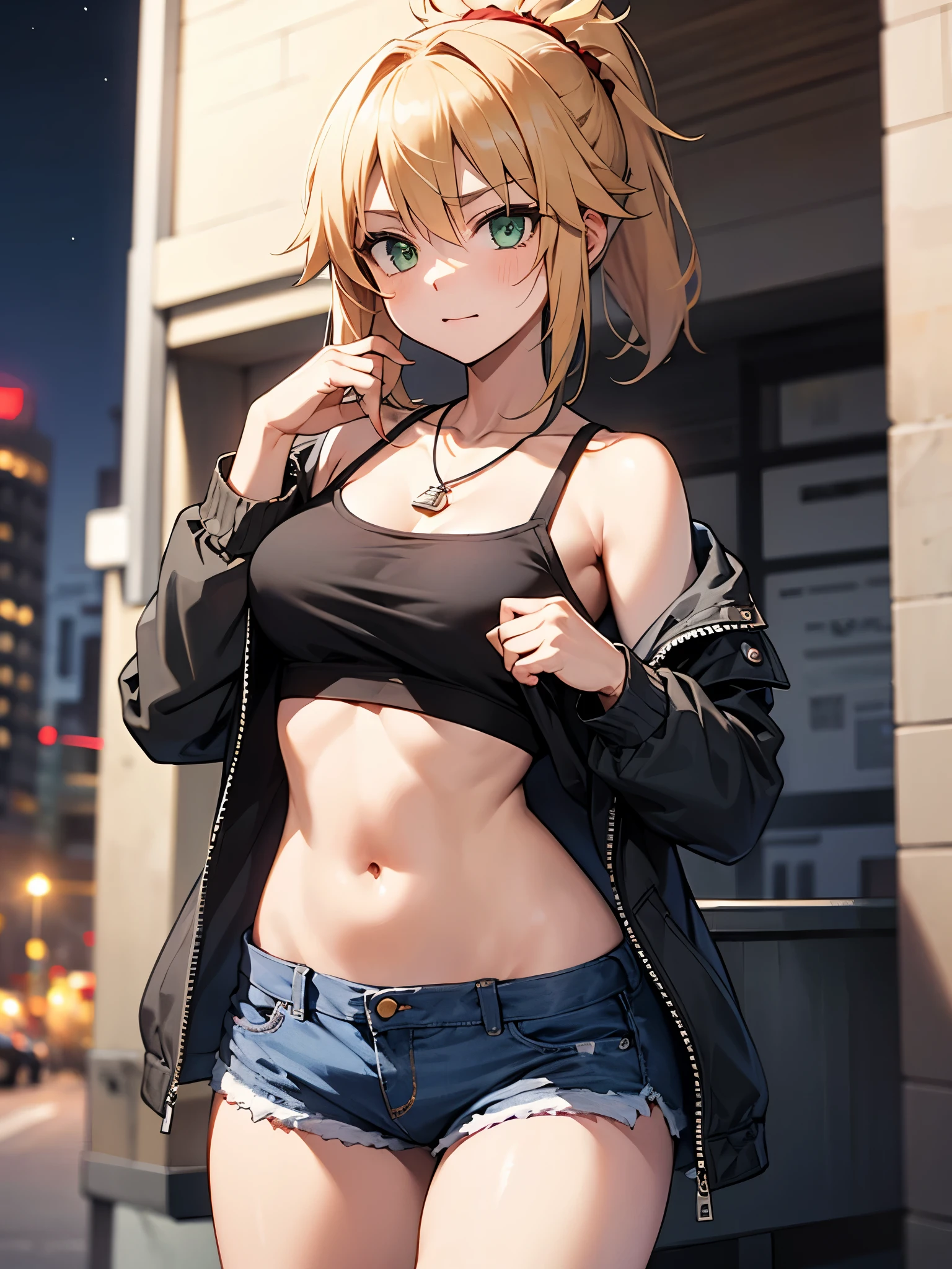 Masterpiece, Best Quality, illustration, city street, 1girl, Mordred \(fate\), cowboy shot, collarbone, Detailed blond hair ponytail braid, green eyes, Red leather jacket, White short blouse, denim shorts,navel,thigh-high,grin, covered_pussy,skiny,long_sword,