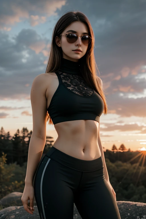 headshot, 1girl, beautiful, sunset, beautiful sunset, cloudy, forest, nature hike,BREAK
tight yoga pants, lace (turtleneck) sports bra, aviator glasses, BREAK
makeup, straight hair, pale skin, fair skin, white skin, BREAK