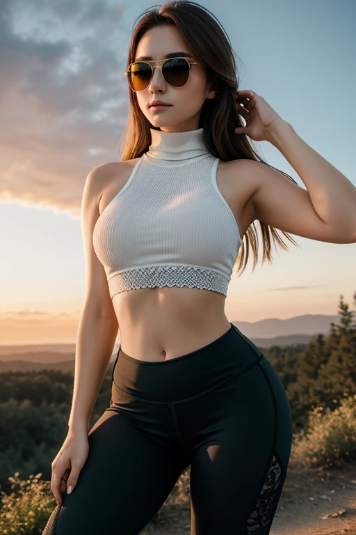 headshot, 1girl, beautiful, sunset, beautiful sunset, cloudy, forest, nature hike,BREAK
tight yoga pants, lace (turtleneck) sports bra, aviator glasses, BREAK
makeup, straight hair, pale skin, fair skin, white skin, BREAK