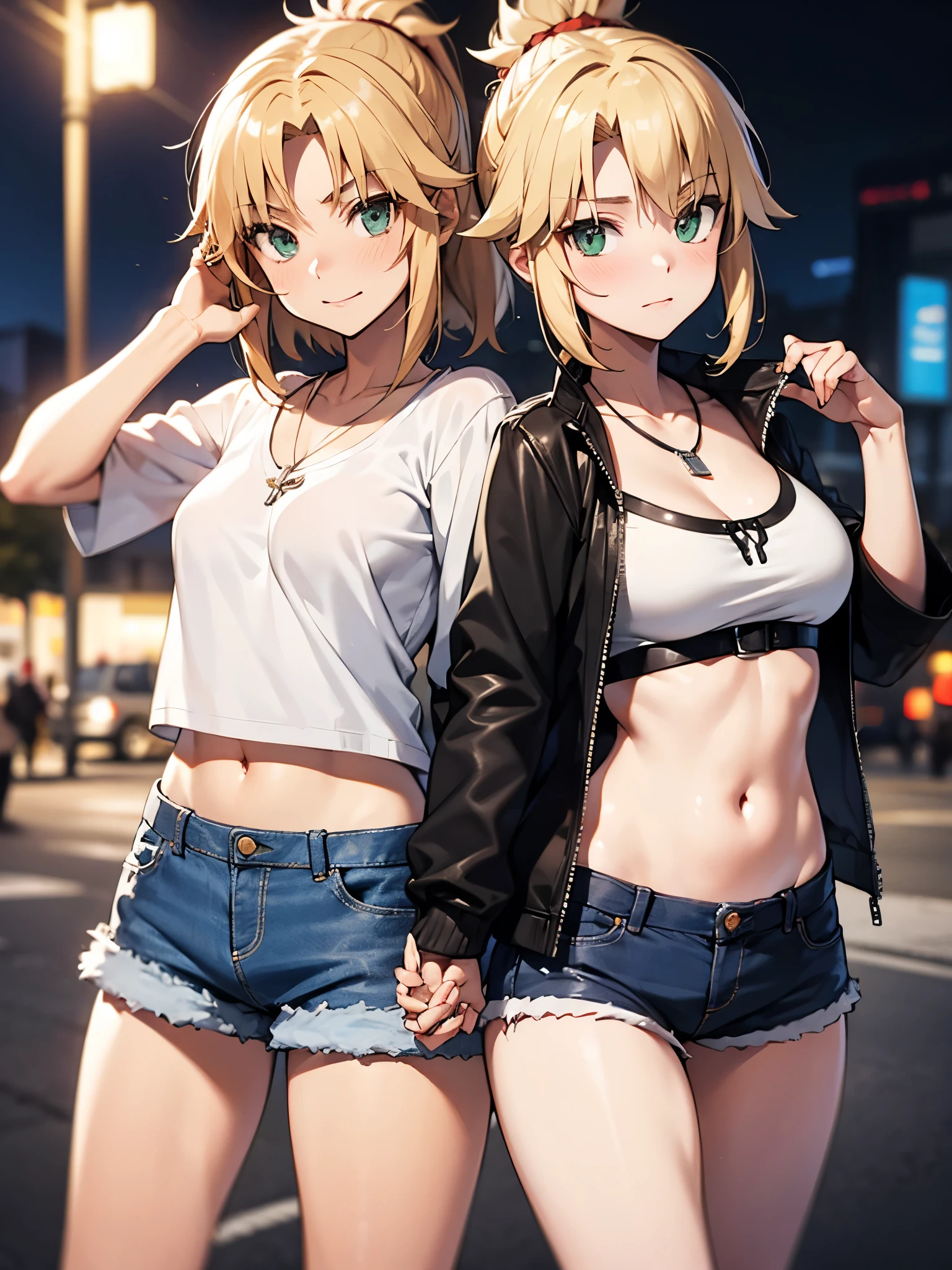 NSFW,modred、（Green Eyes：1.5）、Blonde Hair、ponytail、short hair、Scrunchie、赤いScrunchie、ヘアScrunchie、denim、denimShorts、Jacket、jewelry、abdomen、belly button、necklace、赤いJacket、Shorts、Shorts、Tube top、White top、,(Perfect hands),(Perfect Anatomy),(masterpiece),(highest quality),Downtown at night,Embarrassed,blush