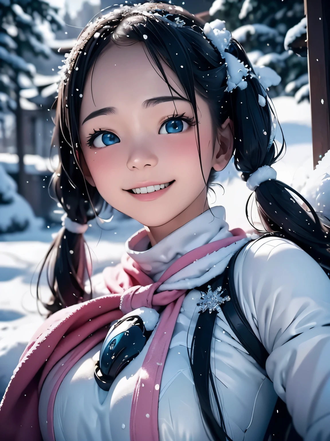 (masterpiece、highest quality、highest quality、Official Art、Beautiful and beautiful:1.2)、(One girl:1.3)Hatsune Miku、Twin tails,Big Breasts,Snow Scene、Snow Powder、Smiling face close-up、Glossy lips、Shining Eyes、Snow Girl、Snow Costume、Cosplay、(Realistic、High resolution)、(One Girl)、Snow Girl、Close-up Eye、Korean Girls、(highest quality), (Tabletop), (One Girl), alone, Beautiful girl, Perfect Face, dream-like、Very detailed airbrush art((Surreal))、Volumetric lighting、(highest quality)、The Ultra-detailed、(Movement Structure:1.4)、Very intricate and colorful details、(Bright lighting)、Dynamic configuration、Ray Tracing、The mirror reflects light、Shallow depth of field、Ultra-detailed、Blend exposed、Hmph、Her eyes shine a deep pink.、Snow falling in the background、The snowy mountains are shining