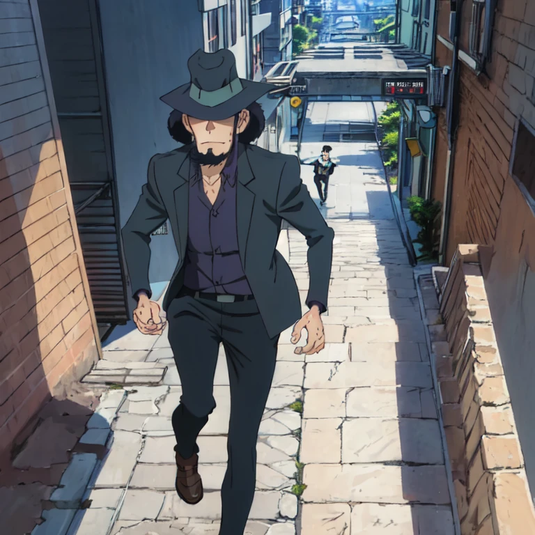 Jigen ,  (highest quality, masterpiece, RAW Photos,Super detailed:1.2), One boy,alone,View Viewer, Bald hair, 
Have, formal, Hide Your Eyes, running, From above, city, night,