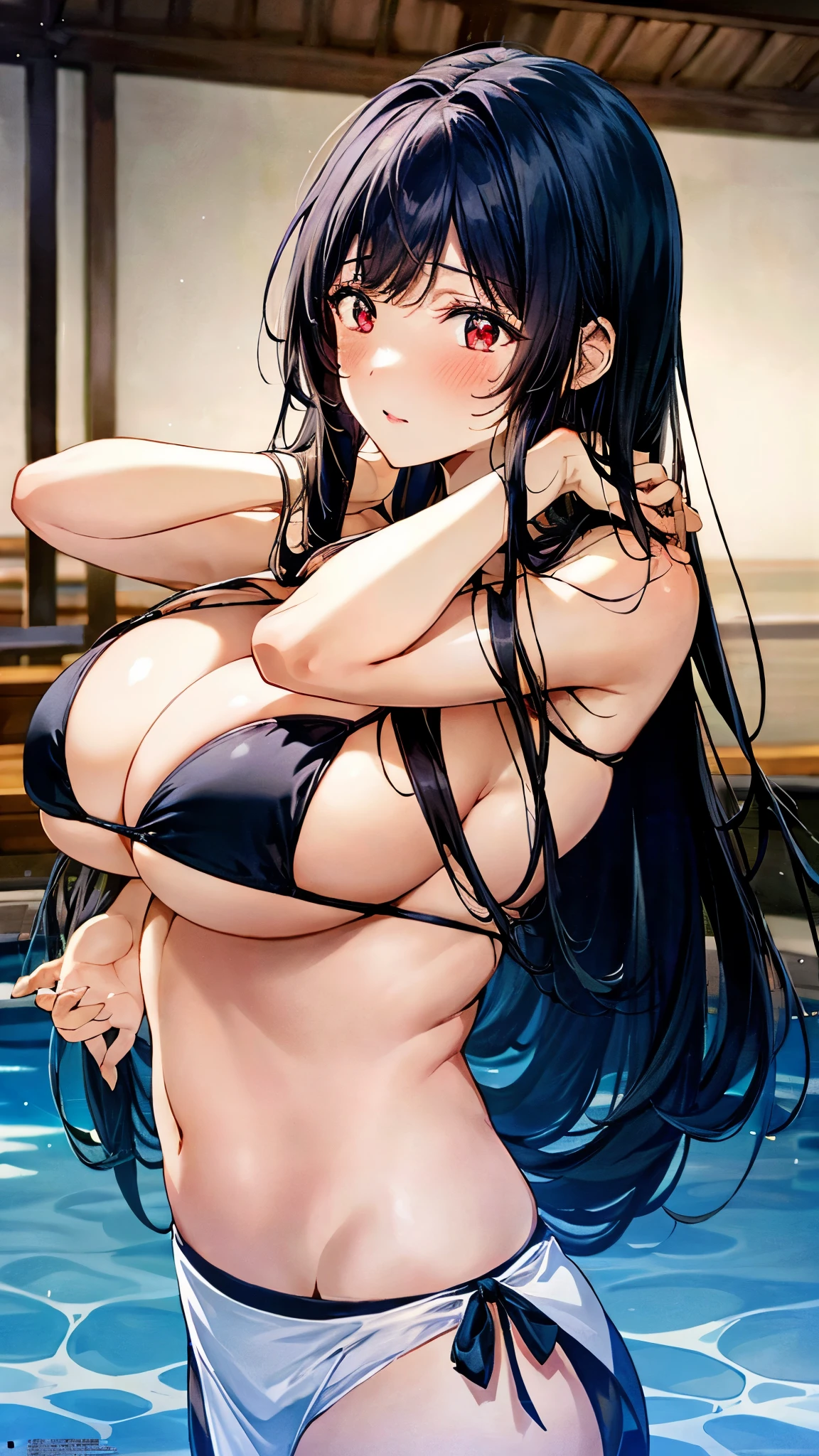 (perfect anatomy),(8k,masterpiece:2.0,megami magazine:1.4,best quality, ultra high resolution, ultra-detailed,beautiful illstration),side-tie bikini bottom,(natural side lighting, movie lighting),nature,(two arms,two hands,two regs,five fingers),1 woman,20 years old,(long hair:1.8,black hair,gleaming skin,red eyes,drooping eyes,big eyes,drunken eyes,beautiful detailed eyes),curvy,two huge breasts,sagging breasts,