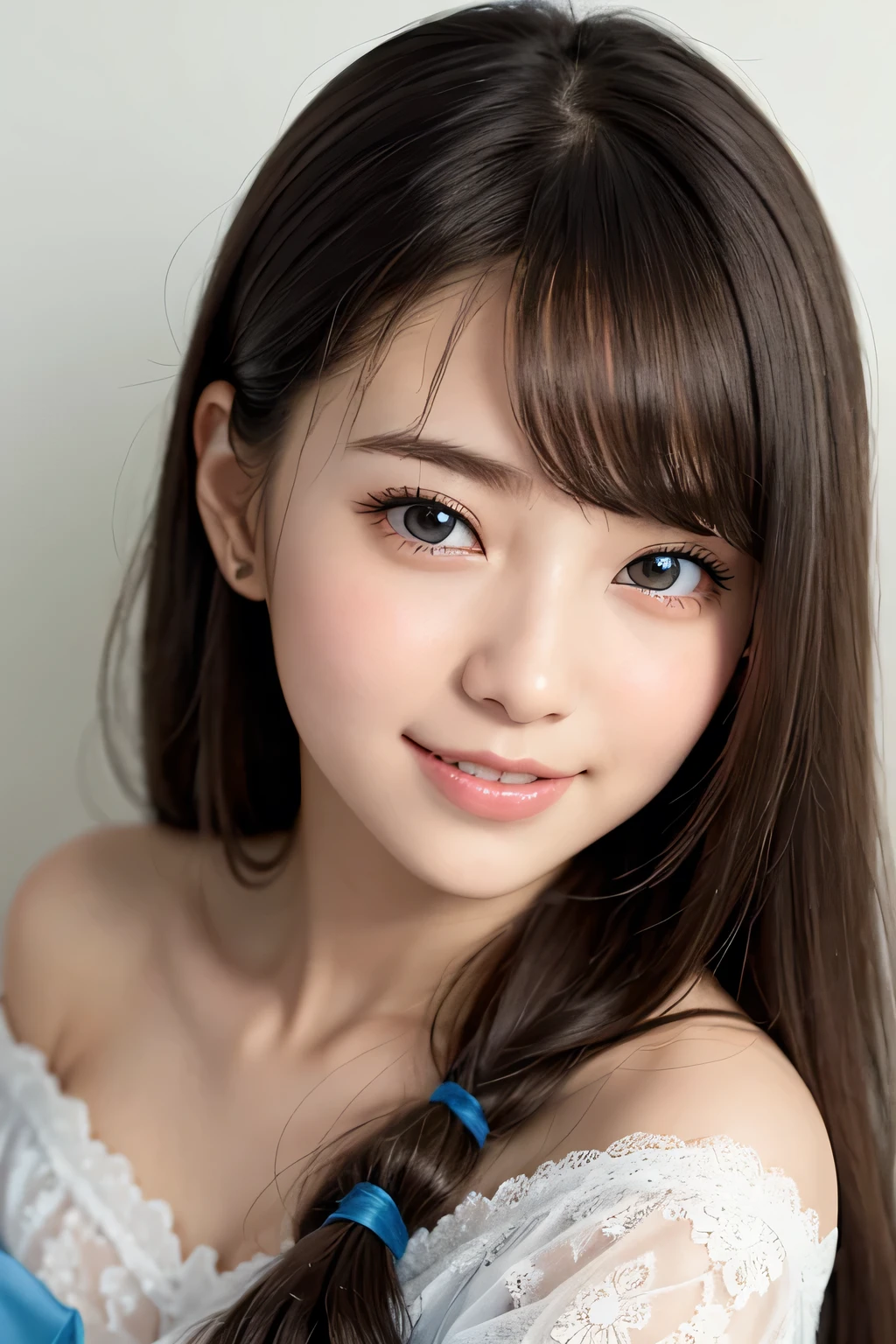 brightexpression、photorealistic stick:1.32、highest quality、超A high resolution、Photos of the most beautiful Japan girls、cute and beautiful face details、small face、(Pueros face_V1:0.008)、Beautiful bangs、18 years old、Brilliant white skin、hair gets tangled in face、Bangs that reach down to the face、bangs、hair between eyes、super long hair、charming brown silky hair、bright、Clear light blue eyes shine charmingly、ample breasts、Dynamic poses highest quality、disorganized、((the cutest girl in the world))、Japanese、18 years oldの女の子、Cafe、((lace dress:1.3))、(half up hair:1.3)、(tie with a thin ribbon)、nice and cute、innocent smile、nice smile、cleavage、(big breasts:1.3)、ponytail、brown hair、thin waist、detailed beautiful eyes、face forward、Upper body、close up of face、Front view、