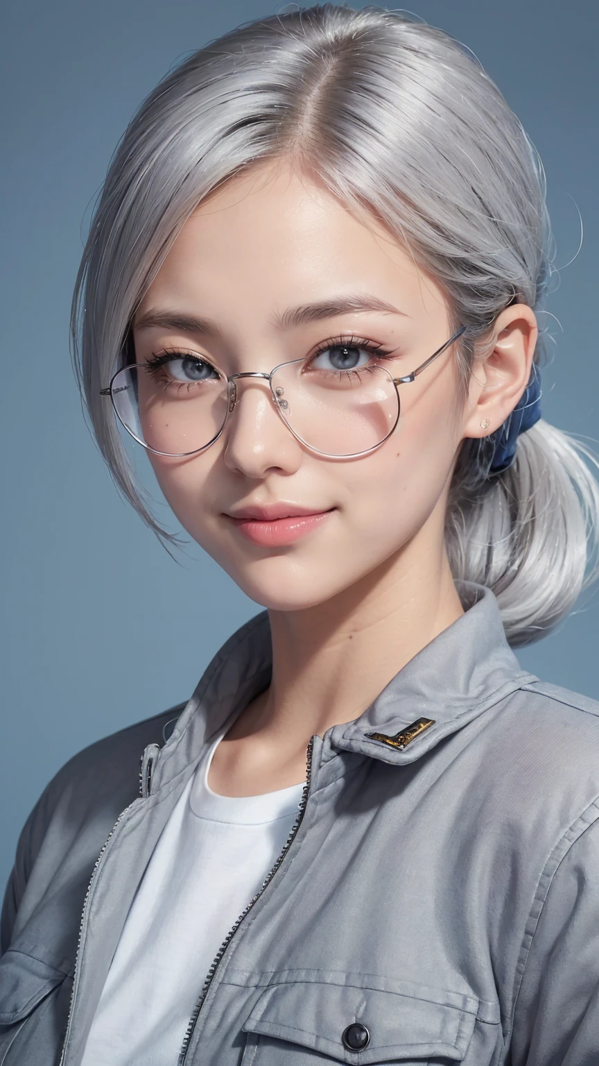 Realistic, masterpiece, highest quality, Highest Resolution, (1girl:1.3), 20-year-old, Sharp Eyes, Grinning smile, Slightly to the side, Definitely watching the audience, (Beautiful fine details, Iris, (Hidden eyelid wrinkles:1.2), Thin eyebrows, Draw eyelashes carefully, Natural Makeup, Mid-length hair, Silver Hair, ponytail, Detailed face), (rimless glasses, (White Shirt, (Grey military jacket, MA-1)),Photographing the upper body,Portraiture, (Blue blank background:1.3)