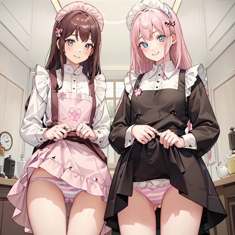 highest quality、masterpiece、((2 girls:1.5))、((smile:1.3))、(blush:1.3)、Black Shirt、blouse、((fun!!))、(Small breasts)、()、Blonde、(Long sleeve)、((White apron:1.5))、((Maid))、((hair ornaments)),、Kamimei、look at me、 ((in house:1.5))、 Taking a break from watching the audience、Cowboy Shot、(Skirt lift:1.3),(Highly detailed pink striped panties:1.3)、(Highly detailed panties:1.3)、、(スカート that rolls up:1.3)、(Panties fully exposed:1.5)、Light blue eyes、long hair、Glowing Eyes