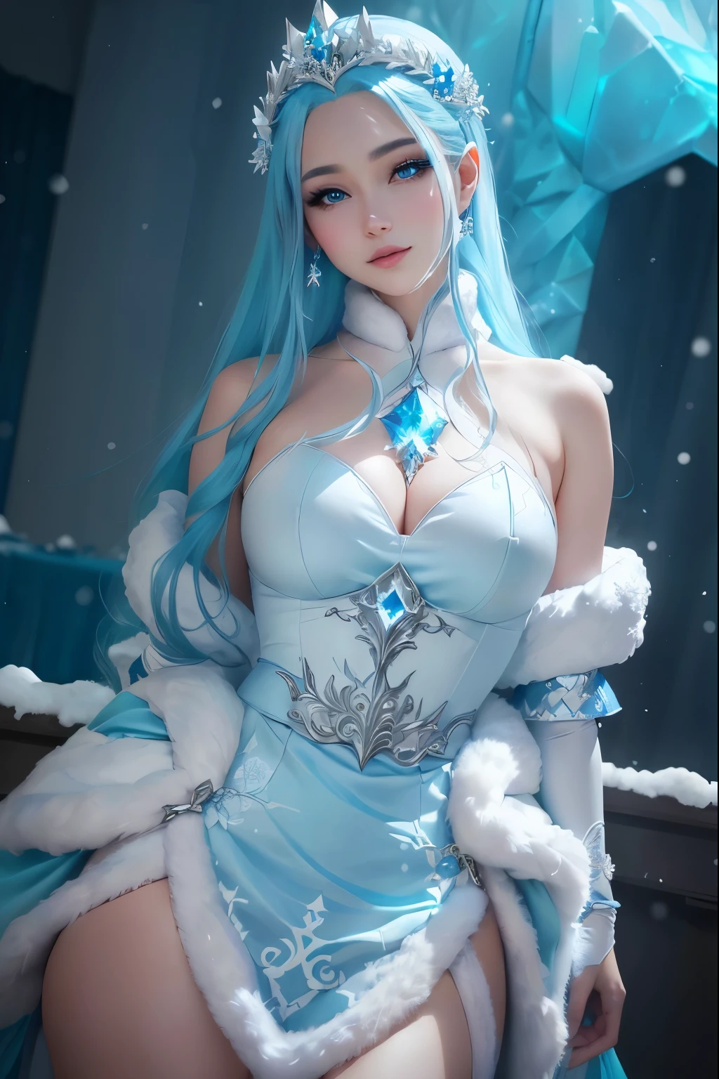 Araffe, dressed in blue and white, poses for photos, From League of Legends, Winter goddess, elegant glamourous role play, anime girl role play, Ice Witch,Blue eyes, glamourous role play, full body xianxia, anime role play, role play, hatsune miku role play, Frozen queen, crystal maiden, ice cold, Beautiful frost witch, snow