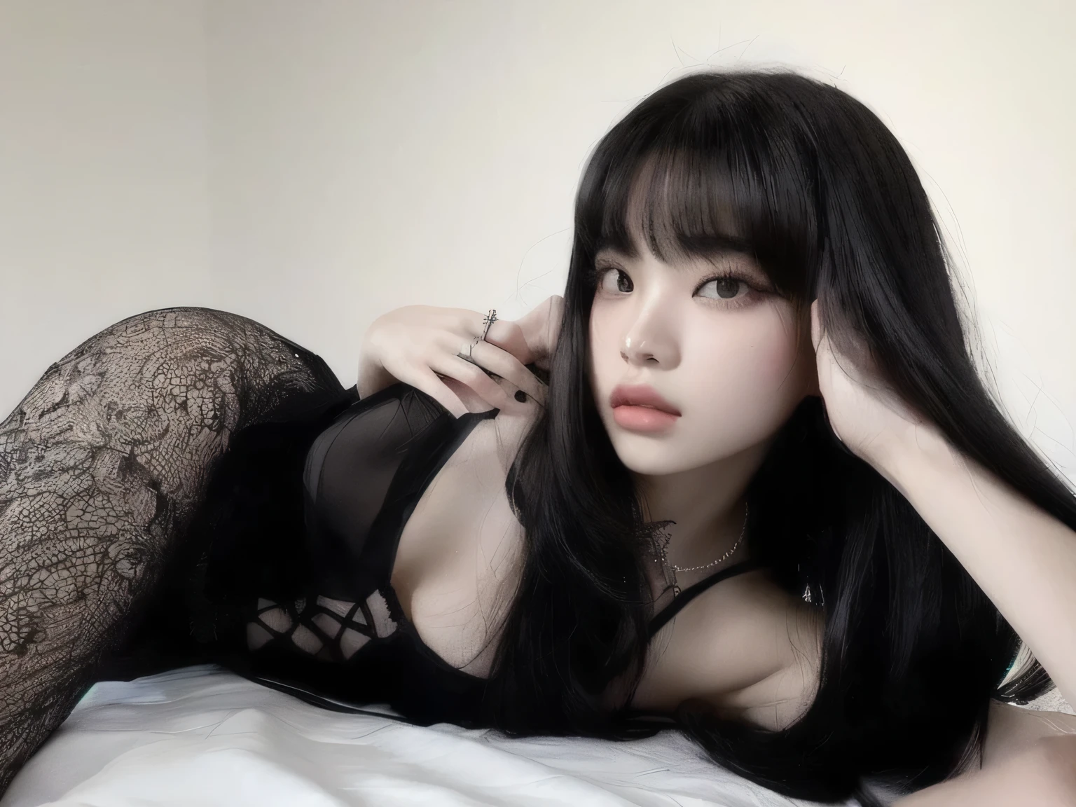 there is a woman lying on a bed wearing a black dress, she has black hair Com franja, franja preta, long black hair Com franja, cabelo preto com franja, long dark hair Com franja, com franja completa, cabelo preto e franja branca, Com franja, long hair com franja completa, with pale skin, com cabelos longos e olhos penetrantes, long hair Com franja, jennie kim, jennie blackpink