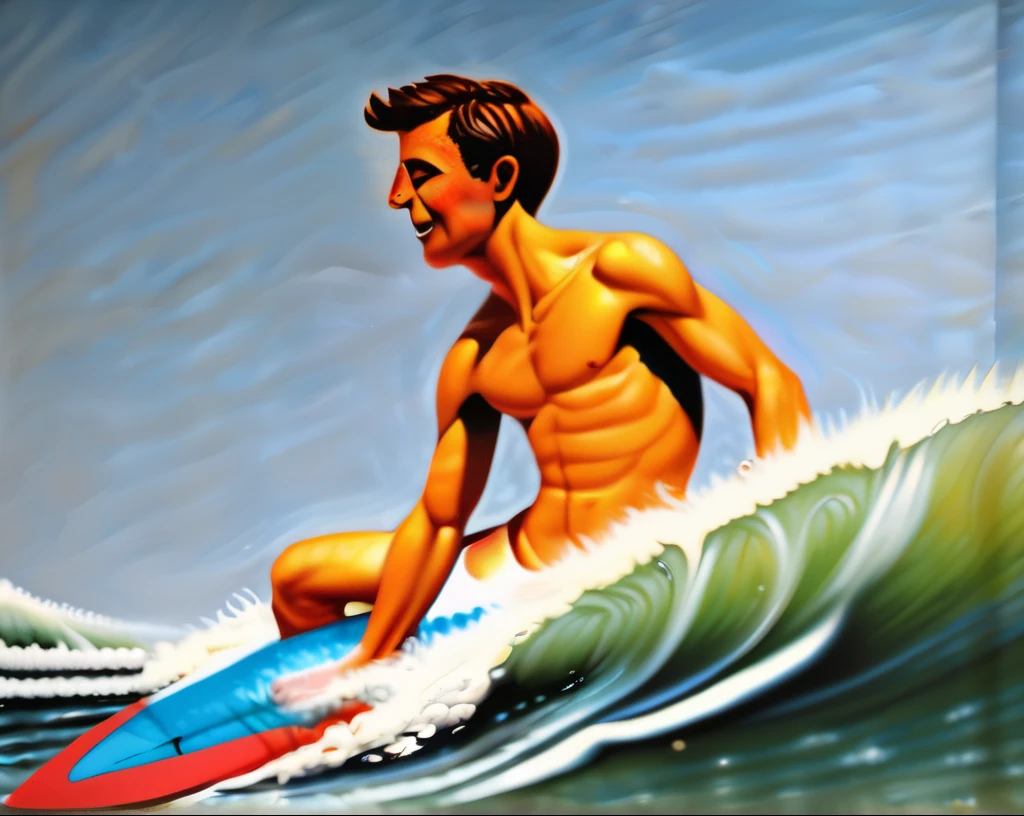Obra de arte, extremamente detalhado, Estilo Jean-Baptiste-Simeon Chardin, pintura detalhada de um jovem distinto andando em uma prancha de surf no oceano, onda gigante, fun, action photo, pinceladas, textura de tela