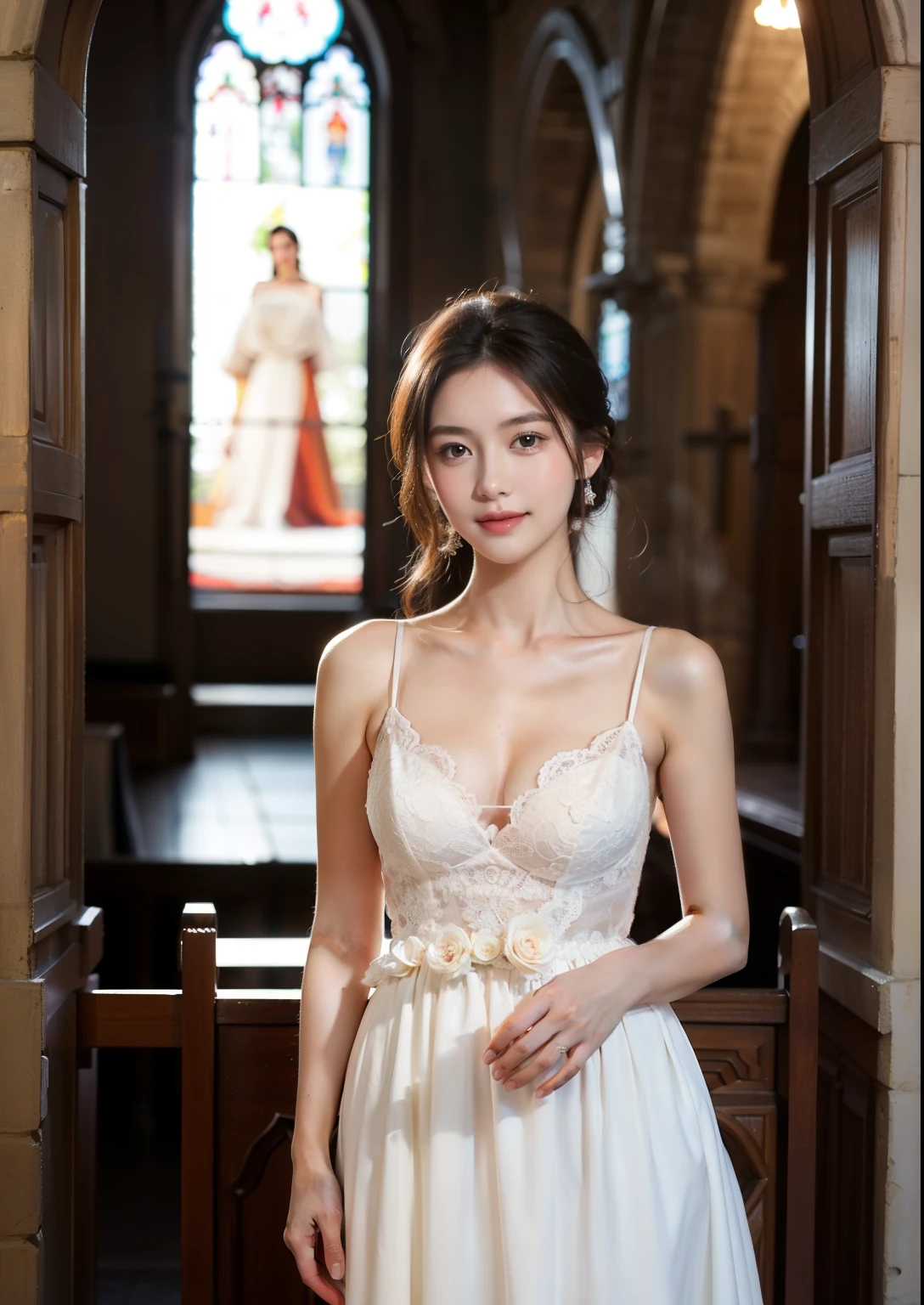Beautiful 25 year old  skinny woman。She is wearing a wedding dress. She is smiling on illuminated by the evening church lights on the romantic sunset time.  her dark brown hair. High resolution、masterpiece、highest quality、頭w:1.0、((Hasselblad Photos))、fine skin、(movie lighting)、clavicle . full body picture.