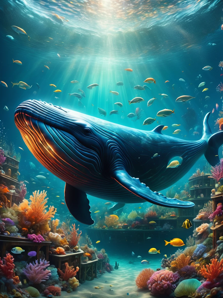 In a polluted Arctic sea, a whale swims with its enormous tail rising high above the water's surface. On the whale's back, there is an incredulous sight - a waste-processing plant producing more garbage. The scene captures the unbelievable depth of ocean pollution. Underwater, the view reveals a fantastical seascape filled with pollution. This highly detailed illustration combines realistic fantasy elements and magical realism, showcasing the underwater world with 3D rendering and matte painting techniques. The high-quality fantasy stock photo is a wide-angle fantasy artwork featuring underwater scenery, exceptionally clear and meticulously detailed with cinematic lighting effects, level,masterpiece,最高masterpiece,best quality,Rendering,Rich colors,rich and colorfulな呪文を唱える,Like a dream,details,detailed,,Vibrant colors,beautiful光と影,magic,Like a dream,inspiration,beautiful,Rendering,rich and colorful,wonderful,Light Particles,familiar,masterpiece,最高masterpiece,Artwork using light,artistic,familiar,Tyndall effect