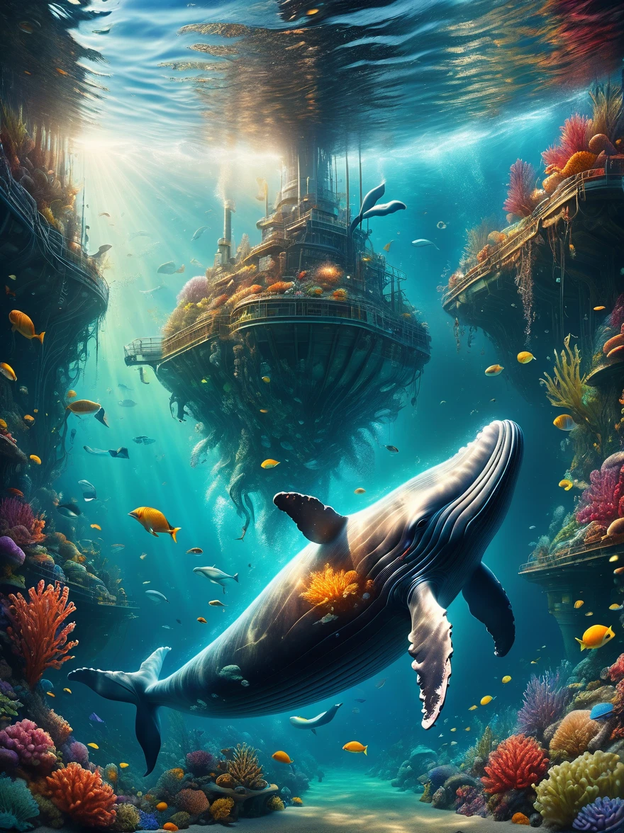 In a polluted Arctic sea, a whale swims with its enormous tail rising high above the water's surface. On the whale's back, there is an incredulous sight - a waste-processing plant producing more garbage. The scene captures the unbelievable depth of ocean pollution. Underwater, the view reveals a fantastical seascape filled with pollution. This highly detailed illustration combines realistic fantasy elements and magical realism, showcasing the underwater world with 3D rendering and matte painting techniques. The high-quality fantasy stock photo is a wide-angle fantasy artwork featuring underwater scenery, exceptionally clear and meticulously detailed with cinematic lighting effects, level,masterpiece,最高masterpiece,best quality,Rendering,Rich colors,rich and colorfulな呪文を唱える,Like a dream,details,detailed,,Vibrant colors,beautiful光と影,magic,Like a dream,inspiration,beautiful,Rendering,rich and colorful,wonderful,Light Particles,familiar,masterpiece,最高masterpiece,Artwork using light,artistic,familiar,Tyndall effect