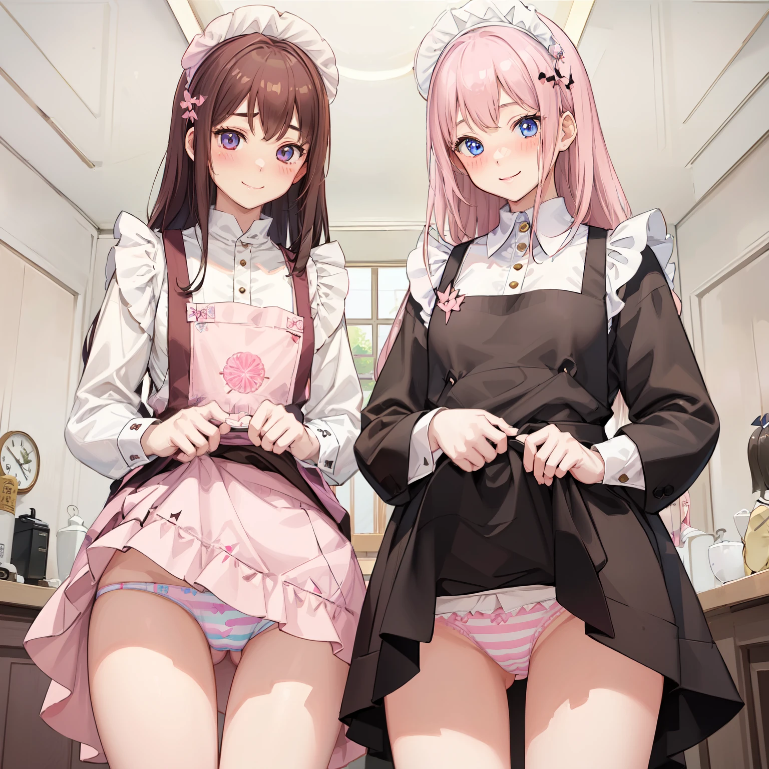 highest quality、masterpiece、((2 girls:1.5))、((smile:1.3))、(blush:1.3)、Black Shirt、blouse、((fun!!))、(Small breasts)、()、Blonde、(Long sleeve)、((White apron:1.5))、((Maid))、((hair ornaments)),、Kamimei、look at me、 ((in house:1.5))、 Taking a break from watching the audience、Cowboy Shot、(Skirt lift:1.3),(Highly detailed pink striped panties:1.3)、(Highly detailed panties:1.3)、、(スカート that rolls up:1.3)、(Panties fully exposed:1.5)、Light blue eyes、long hair、Glowing Eyes