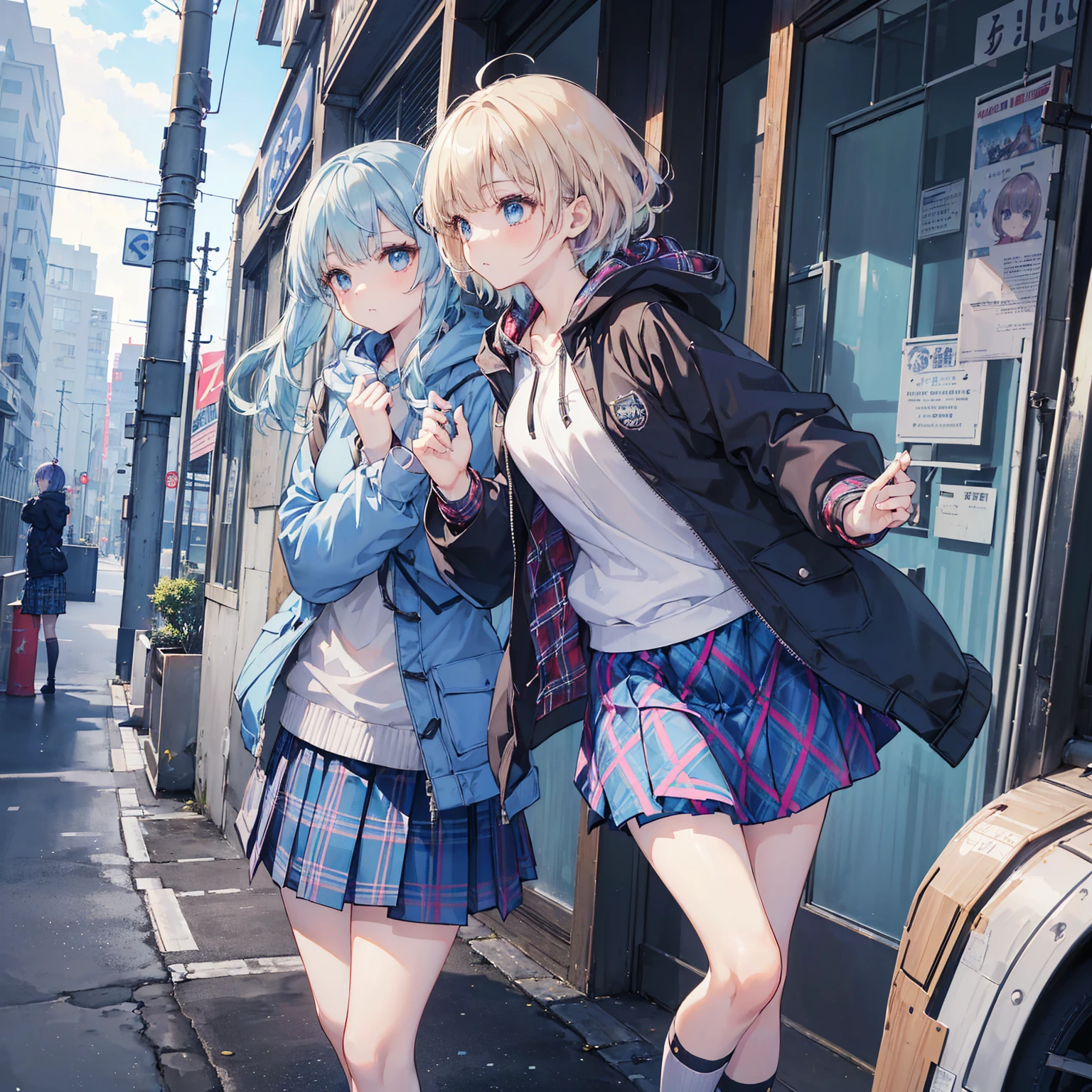 (Best quality, 8k, 32k, Masterpiece, UHD,:1.2),RAW, 2girls,ultra cute , natural lighting,transparent shining eyes, 20yo,medium breast ,fair complexion ,flushed face,dynamic Lighting, on stairs, ((school uniform)), crawling position on their hands and knees, closing legs, loafers, nsfw, halfway up the stairs, shiny, show off panties, White or blue panties