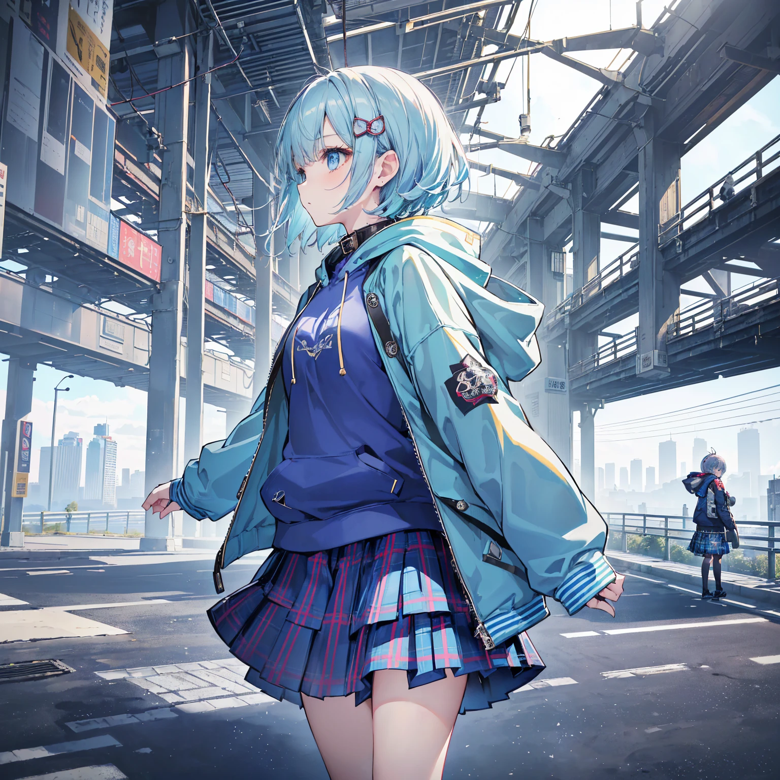 8k, highest quality, (real:1.4), Original photo, 1 girl, ,arched back,(masterpiece、highest quality、Highest Resolution、Clear_image、Detailed details、Angle from above): (Light blue clam hair,smart blue eyes,(Perfect body:1.4)、(Woman wearing a skirt and jacket, Tartan hoodie, Tartan Parka, Checked skirt, Casual clothing style, Wide skirt, Tartan garment, The Style of Chie Yoshii, Layered Skirt, Wearing a jacket and skirt, Profile, Komono, Long Skirt, Grunge Style, Wearing long flowing clothes, Asymmetric!!, rena nounen style 3/4)、Kobe cityscape