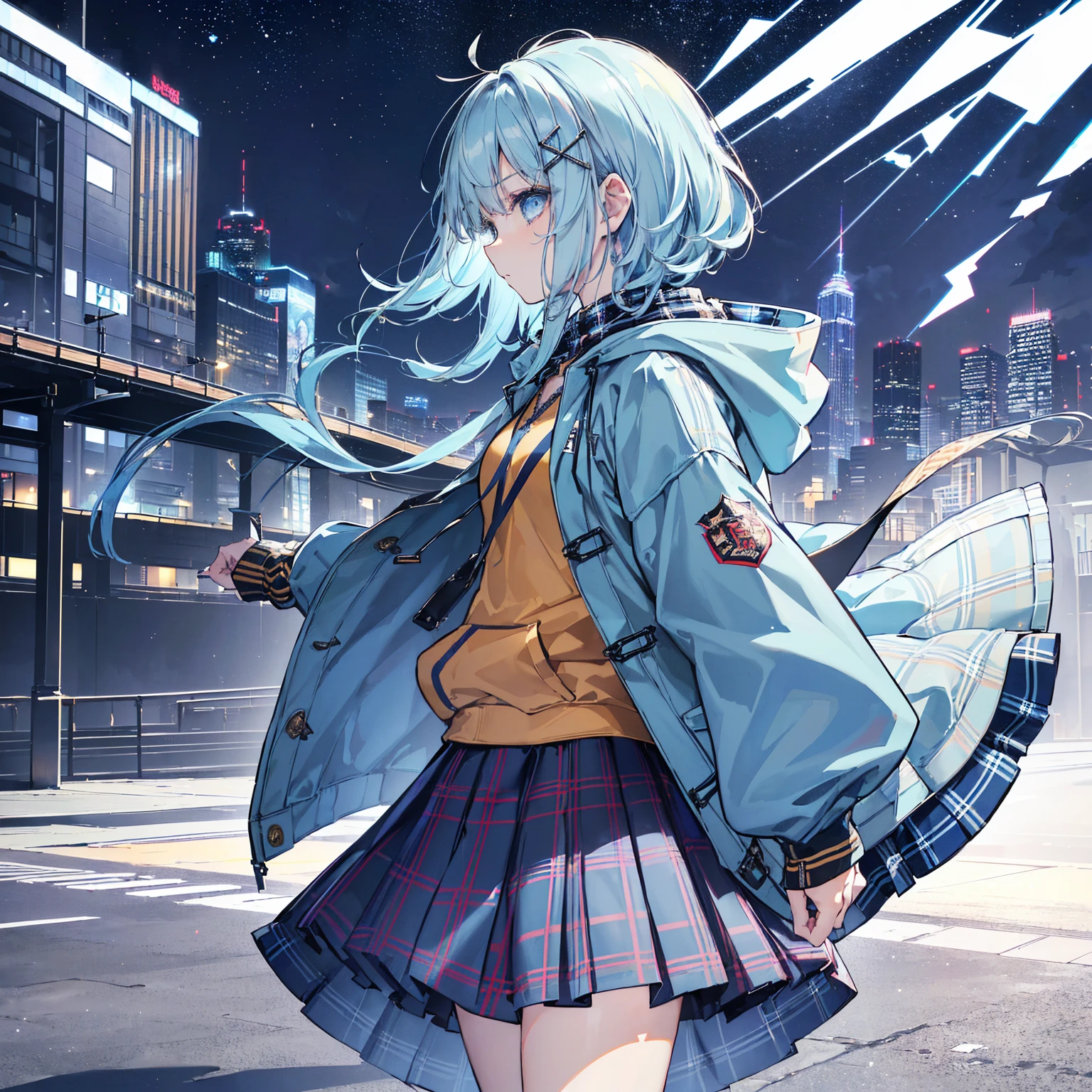 8k, highest quality, (real:1.4), Original photo, 1 girl, ,arched back,(masterpiece、highest quality、Highest Resolution、Clear_image、Detailed details、Angle from above): (Light blue clam hair,smart blue eyes,（Perfect body：1.4）、(Woman wearing a skirt and jacket, Tartan hoodie, Tartan Parka, Checked skirt, Casual clothing style, Wide skirt, Tartan garment, The Style of Chie Yoshii, Layered Skirt, Wearing a jacket and skirt, Profile, Komono, Long Skirt, Grunge Style, Wearing long flowing clothes, Asymmetric!!, rena nounen style 3/4)、Kobe cityscape
