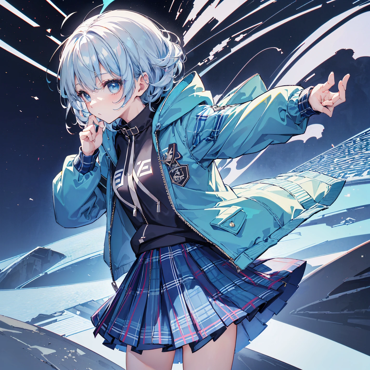 8k, highest quality, (real:1.4), Original photo, 1 girl, ,arched back,(masterpiece、highest quality、Highest Resolution、Clear_image、Detailed details、Angle from above): (Light blue clam hair,smart blue eyes,(Perfect body:1.4)、(Woman wearing a skirt and jacket, Tartan hoodie, Tartan Parka, Checked skirt, Casual clothing style, Wide skirt, Tartan garment, The Style of Chie Yoshii, Layered Skirt, Wearing a jacket and skirt, Profile, Komono, Long Skirt, Grunge Style, Wearing long flowing clothes, Asymmetric!!, rena nounen style 3/4)、Kobe cityscape