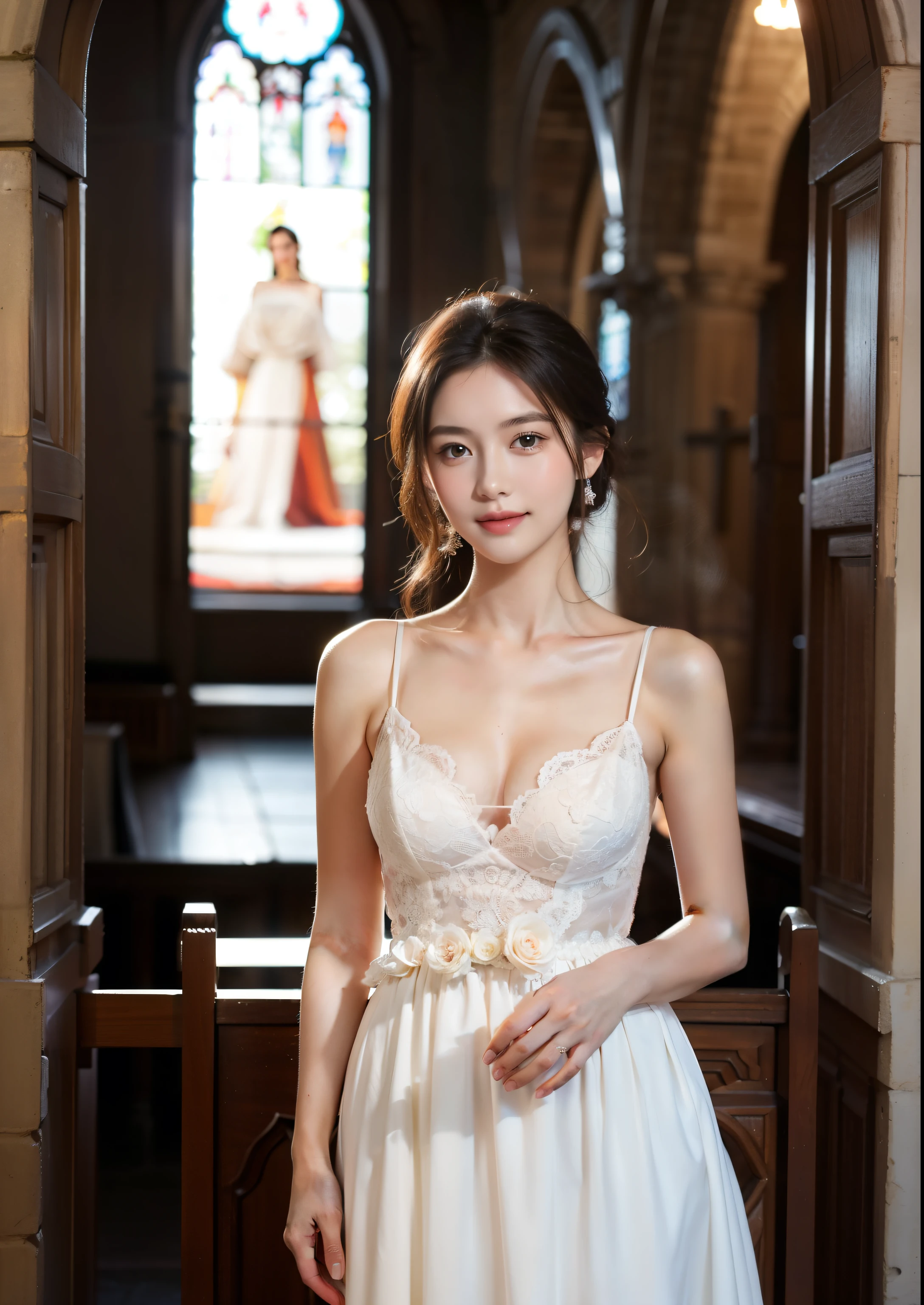 Beautiful 25 year old  skinny woman。She is wearing a wedding dress. She is smiling on illuminated by the evening church lights on the romantic sunset time.  her dark brown hair. High resolution、masterpiece、highest quality、頭w:1.0、((Hasselblad Photos))、fine skin、(movie lighting)、clavicle . full body picture.
