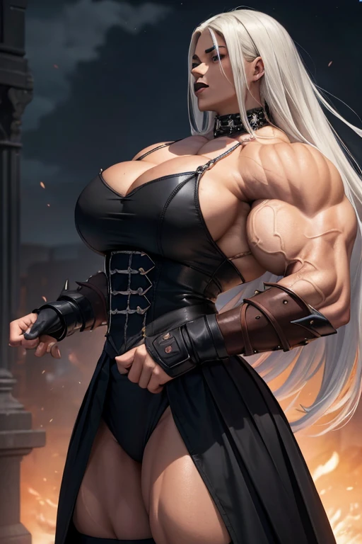 ((((Massive, tall, beautiful, buff, brown skinned muscular woman with white hair, black lipstick, ginormous bulky muscles, wearing a black gothic uniform with pleated gothic skirt)))), (close view), massive muscle, massive biceps, hyper muscle shoulders, ginormous muscle arms, hyper muscle triceps, (long straight hair), blue eyes, spiked choker, chain belt, black spiked boots, spiked gauntlets, fingerless gloves, (standing in a dark gothic schoolyard), evil smirk, night, red moon, red skies, hyper vascular arm, hyper muscles arms, hyper muscle legs, ginormous arms, close view