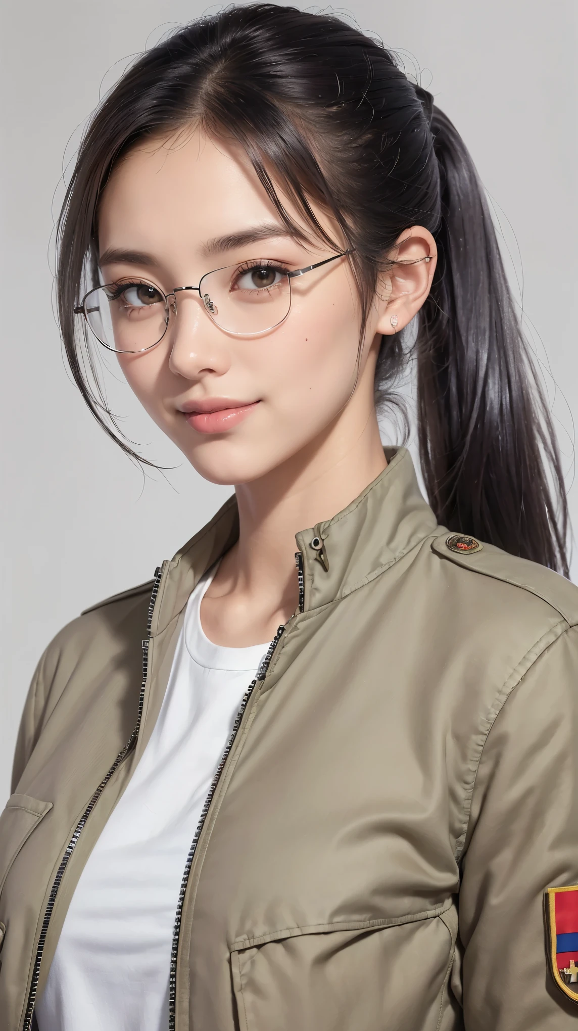 Realistic, masterpiece, highest quality, Highest Resolution, (1girl:1.3), 20-year-old, Sharp Eyes, Grinning smile, Slightly to the side, Definitely watching the audience, (Beautiful fine details, Iris, (Hidden eyelid wrinkles:1.2), Thin eyebrows, Draw eyelashes carefully, Natural Makeup, Mid-length hair, Silver Hair, ponytail, Detailed face), (rimless glasses, (White Shirt, (Khaki military jacket, MA-1)),Photographing the upper body,Portraiture, (Gray blank background:1.3)