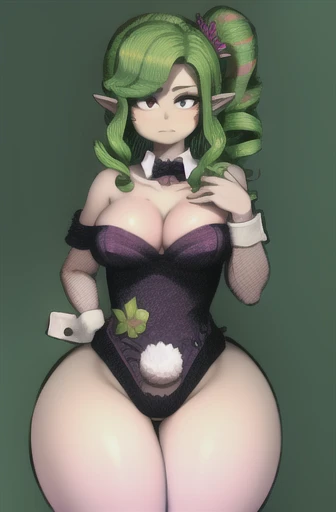 Dryad (terraria), green hair, embarrassed, massive ass, playboy bunny suit