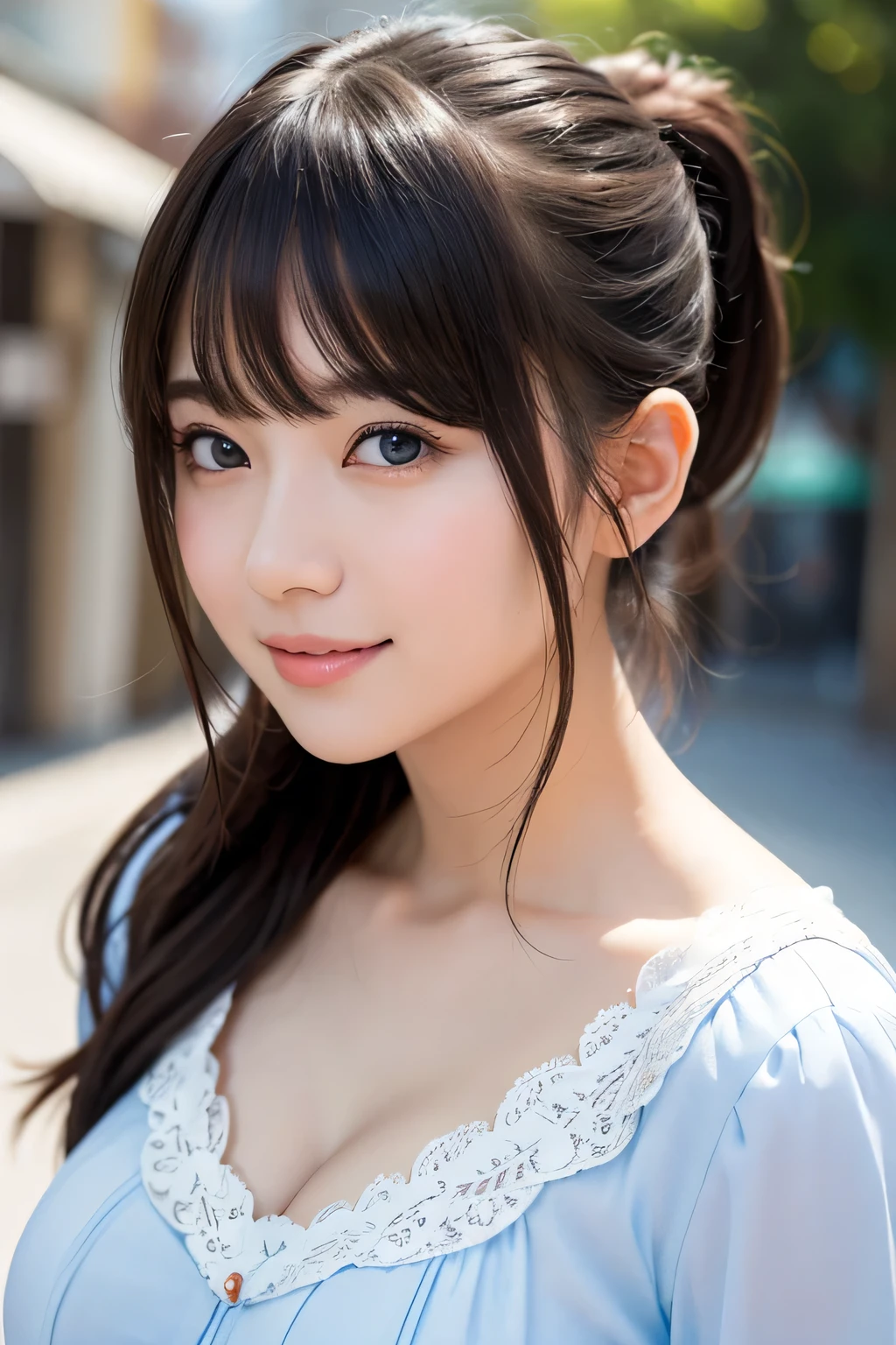 brightexpression、photorealistic stick:1.32、highest quality、超A high resolution、Photos of the most beautiful Japan girls、cute and beautiful face details、small face、(Pueros face_V1:0.008)、Beautiful bangs、18 years old、Brilliant white skin、hair gets tangled in face、Bangs that reach down to the face、bangs、hair between eyes、super long hair、charming brown silky hair、bright、Clear light blue eyes shine charmingly、ample breasts、Dynamic poses highest quality、disorganized、((the cutest girl in the world))、Japanese、18 years oldの女の子、Cafe、((lace dress:1.3))、(half up hair:1.3)、(tie with a thin ribbon)、nice and cute、innocent smile、nice smile、cleavage、(big breasts:1.3)、ponytail、brown hair、thin waist、detailed beautiful eyes、face forward、Upper body、close up of face、Front view、
