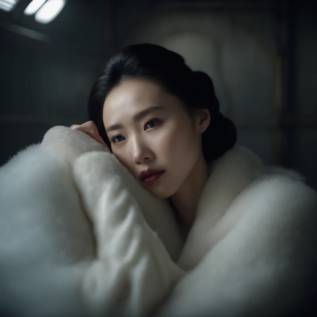 a beautiful chinese woman, lying down in a frozen cell of a unit 731 human experimentation lab in harbin, manchuria, china in 1937, (best quality,4k,8k,highres,masterpiece:1.2),ultra-detailed,(realistic,photorealistic,photo-realistic:1.37),extremely detailed eyes and face, beautiful detailed lips, longeyelashes, detailed clothing, detailed background, dramatic lighting, moody atmosphere, cinematic composition, somber tones, muted colors