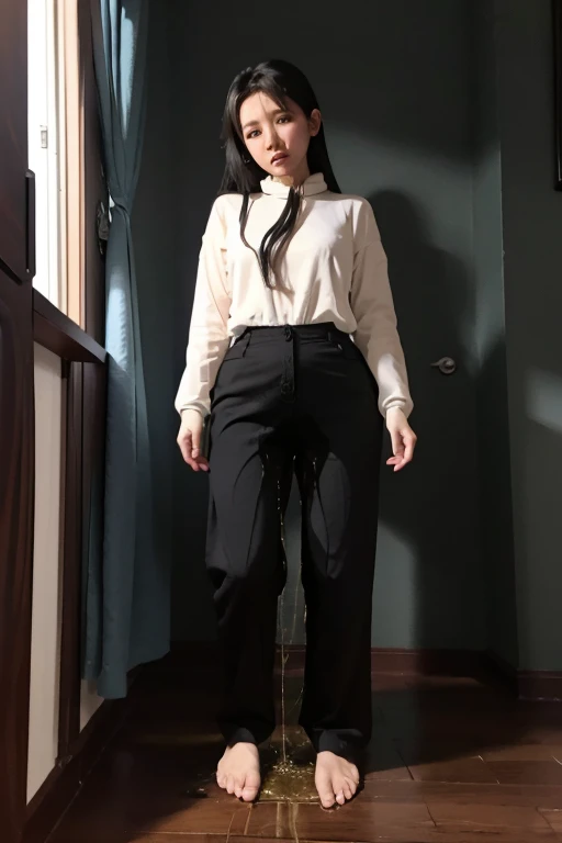 Vietnamese Girl sees the ghost and pees her black loose ao dai pants until her pants are wet in fright.