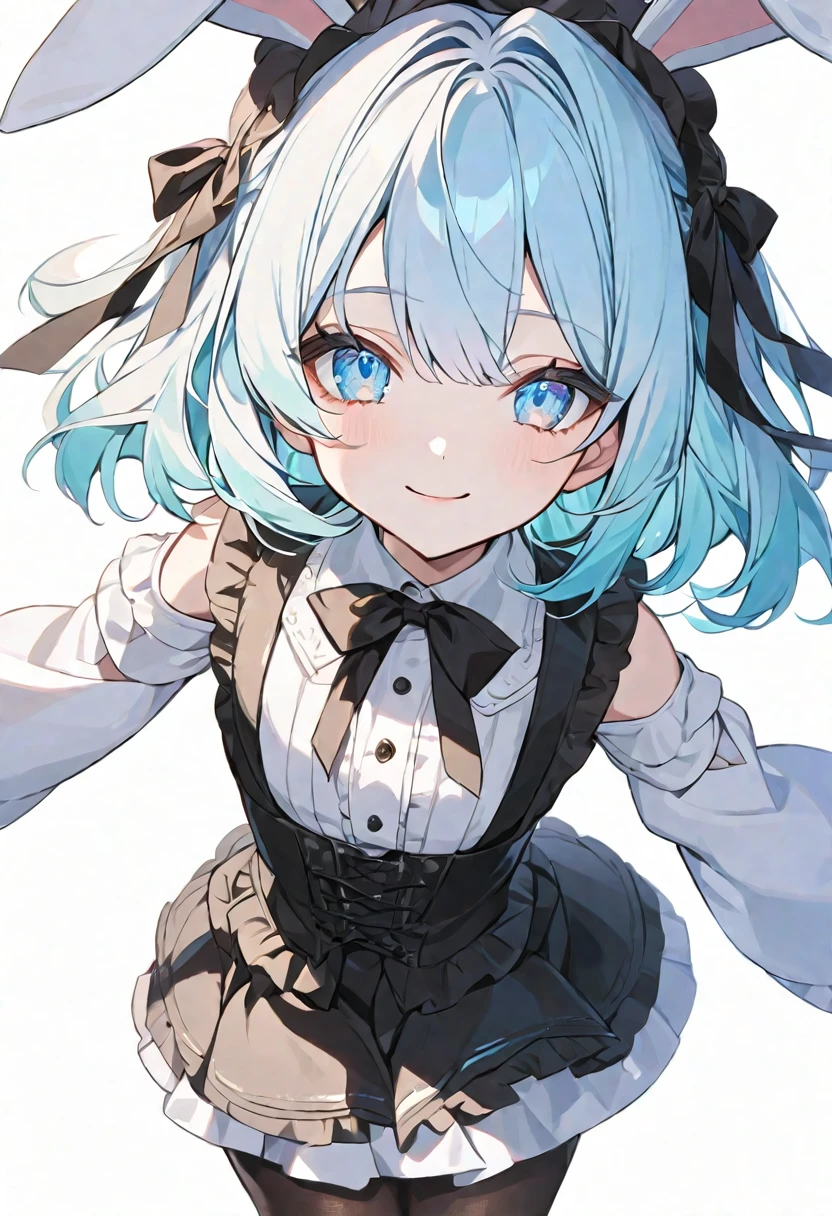 solo, handsome, 1. Female,Straight medium hair, Light blue hair,Light Blue eyes,Soft look,White bunny ears,Lolita,mini skirt,tights,Stylish,skin, Close both eyes,SmileWhite background