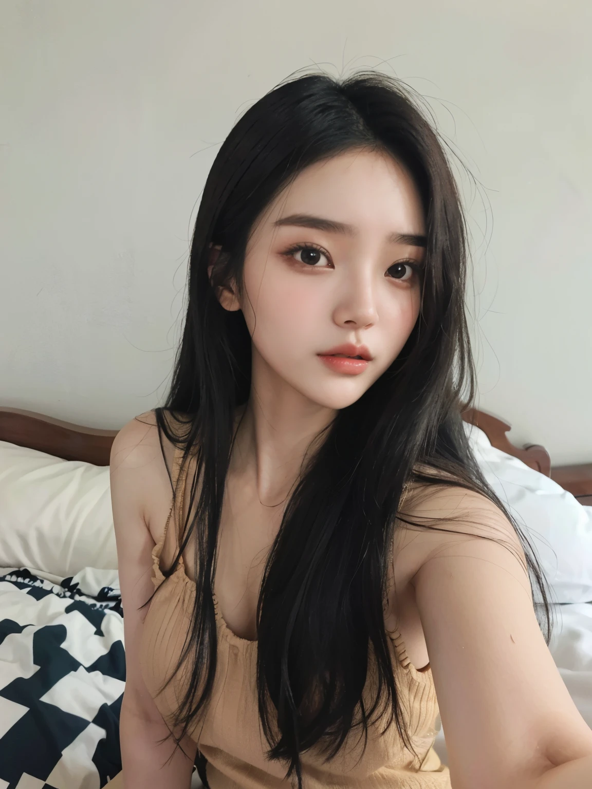 Alafi woman with long black hair was sitting on the bed, Gorgeous young Korean woman, beautiful korean women, korean girl, Beautiful young Korean woman, Best Face, 19 year old girl, Korean woman, gorgeous chinese model, Shentong Chen, 8k selfie photo, Dilabba Dilmurat, young cute white asian face
