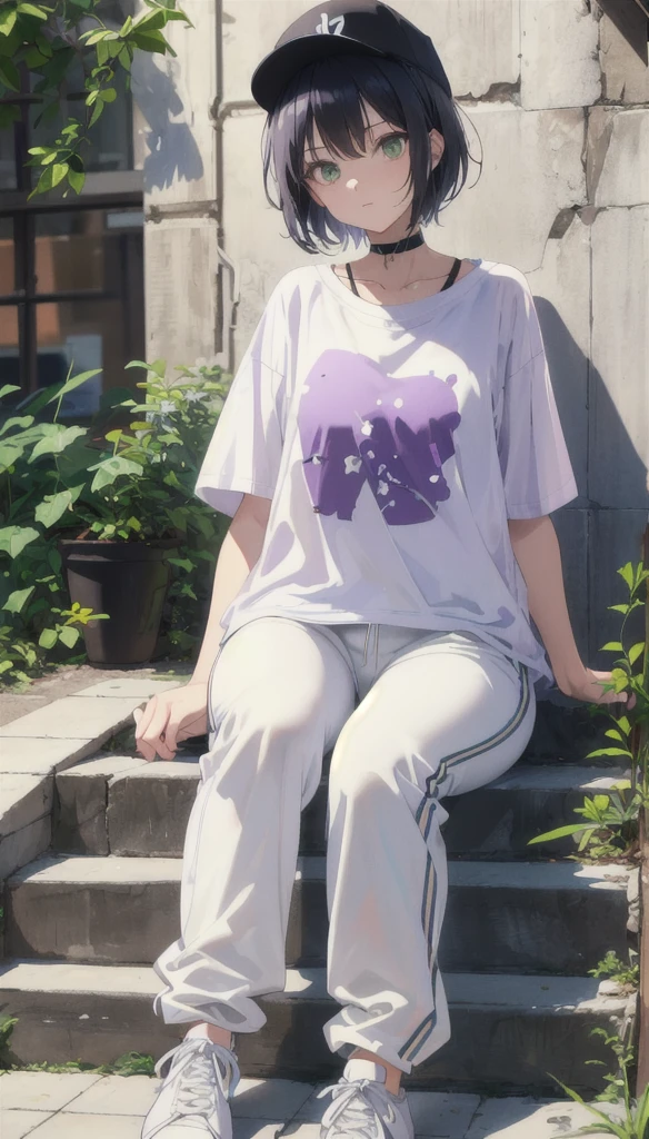 woman sitting on the stairs(White sneakers, white pants, Purple XL-size t-shirt, black cap, black choker, black hair short hair, light green eyes)