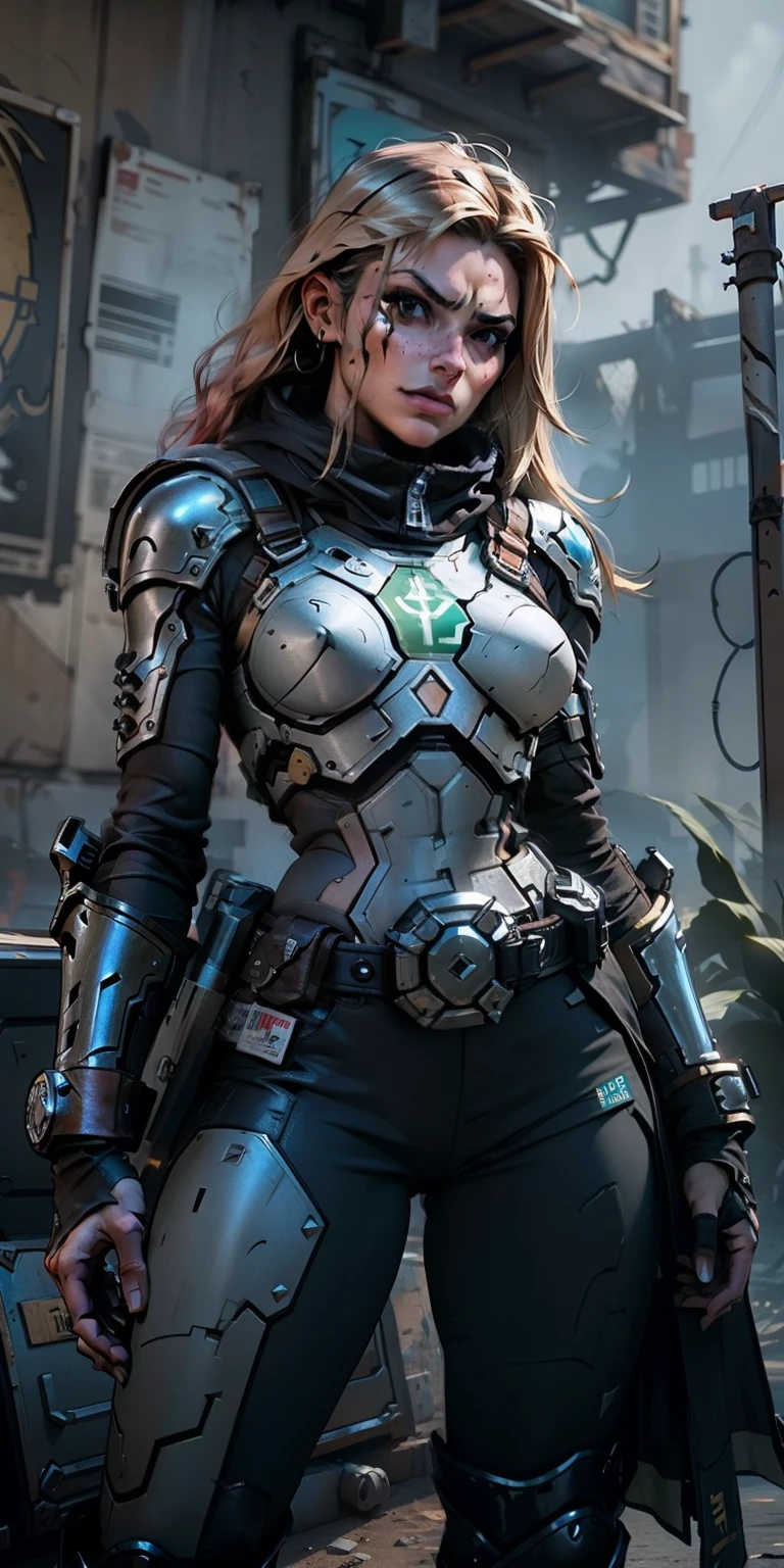 nsfw, melhor qualidade, Ultra Detalhado, obra prima, 1 garota, combatente sci-fi estilo doom slayer, Jogo de doom eternal, ((garota soldado usando uma armadura nsfw)), dinamic poses, Pose de combate, motor ureal 5, 8k, dramatic light, Apocalyptic urban setting, proporcional, simetrico, Aurea Ratio, art-station