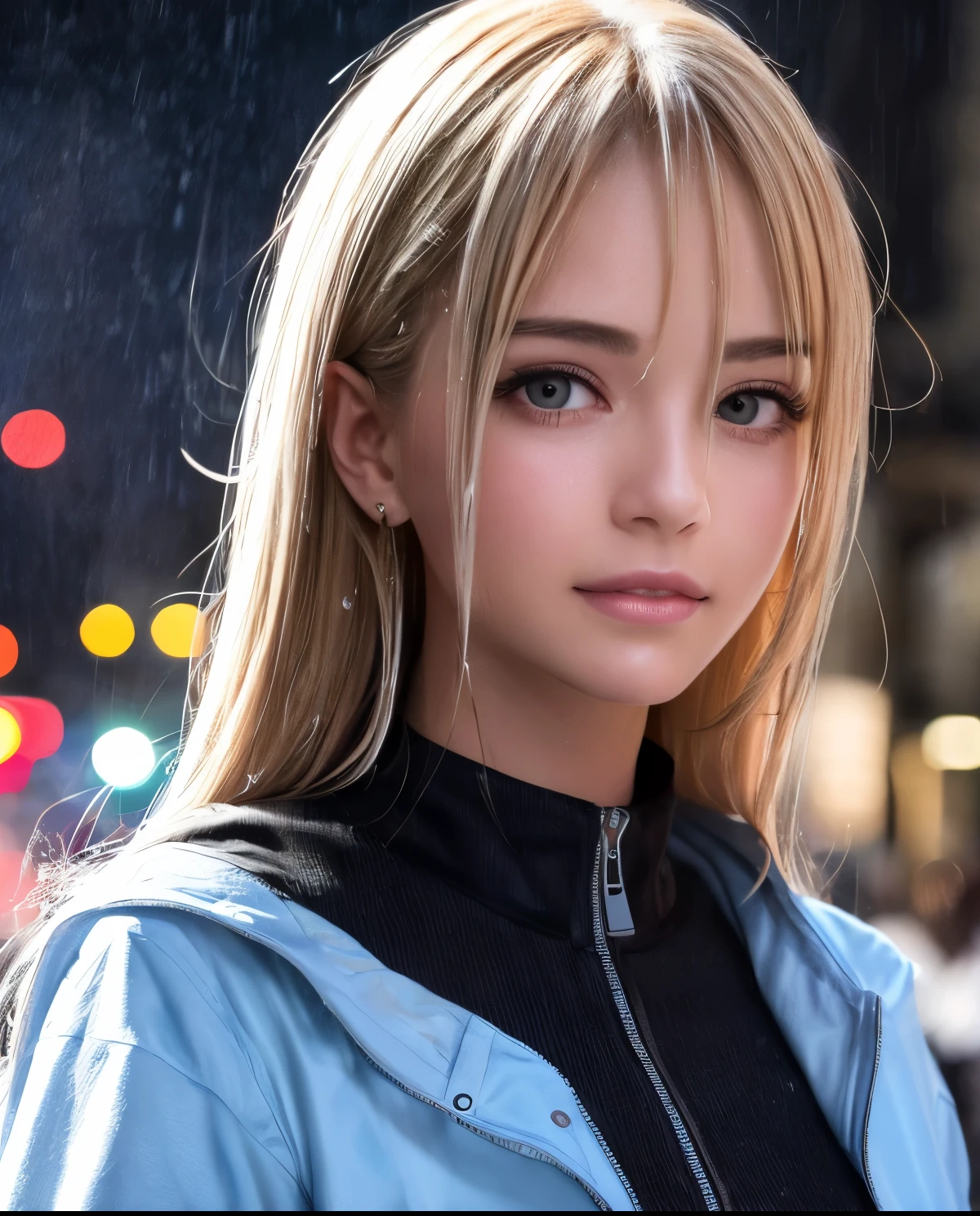 Smiling girl standing in the middle of a crowded street in the pouring rain, detailed face, beautiful eyes and lips, super detailed pupils, realistic skin, ((wet hair, wet clothes)), on the skin Sticky thin clothes, raindrops, city buildings, atmospheric lighting, cinematic, 8K, highly detailed, photorealistic, vibrant colors, Shibuya crossing, full body depiction, heavy rain