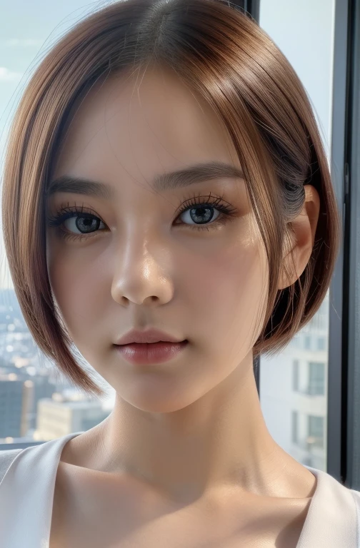 (8k, Raw photo, highest quality, masterpiece:1.2),(Realistically, Photo Real:1.4),(Highly detailed CG Unity 8k wallpaper),(Round face: 1.5), (Detailed pupil:1.3), Beautiful Japanese, (Small breasts:1.4), double eyelid, (Big eyes:1.1),Long eyelashes, Look forward, Half Body, Red lips, Short Bob Hair, Wearing a white coat, Morning Scenery, View the viewer, Calm expression, Centered, 