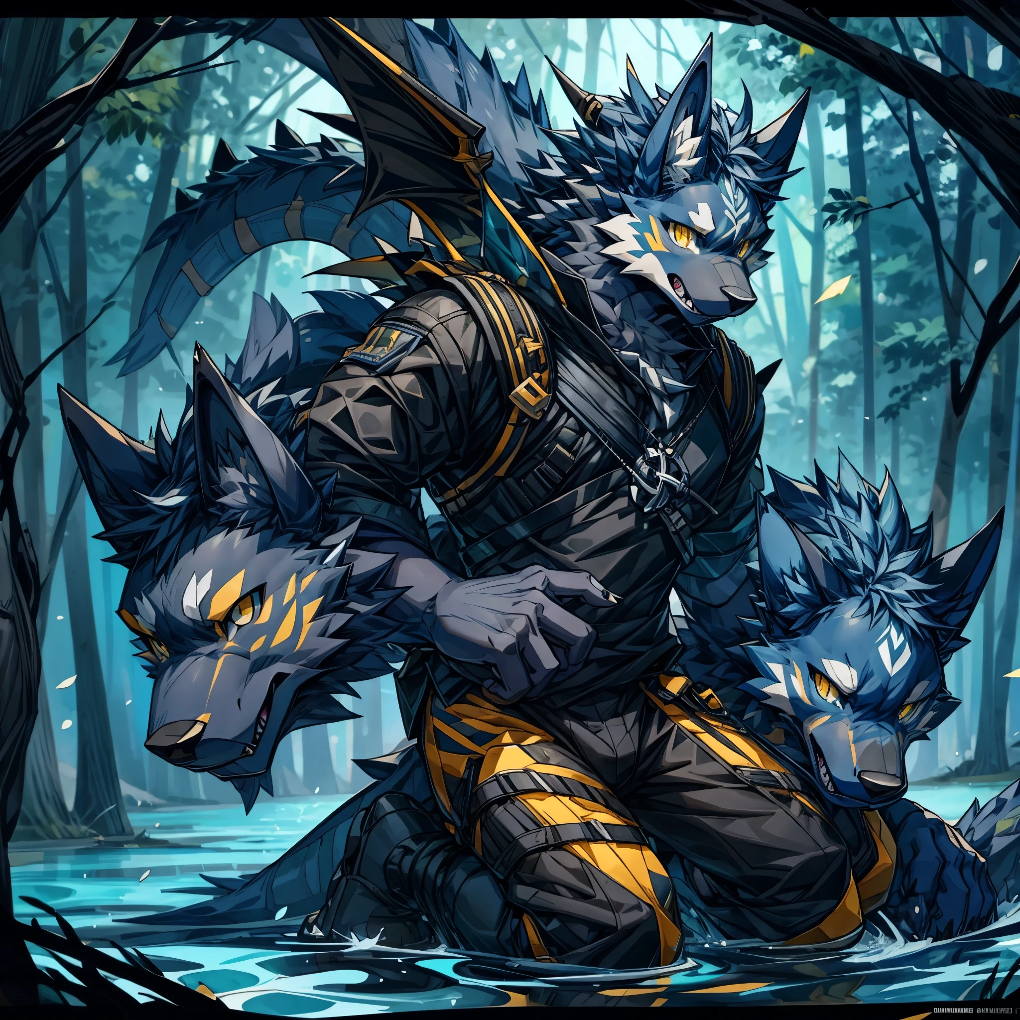 masterpiece,High quality,furry,male,(wolf&dragon),(black&Navy blue fur),yellow eye,(Whole body),forest,perfect background,