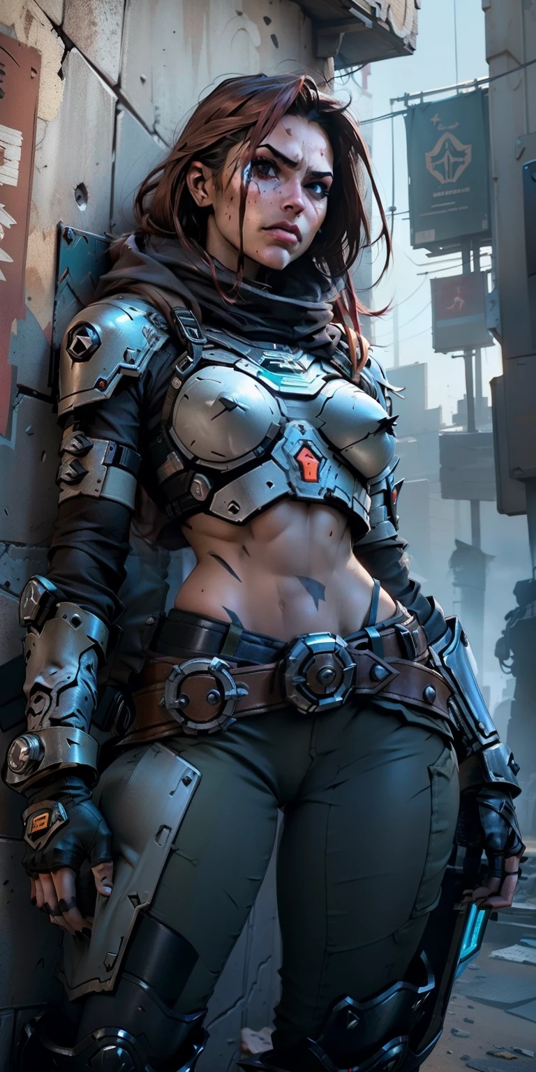 nsfw, melhor qualidade, Ultra Detalhado, obra prima, 1 garota, combatente sci-fi estilo doom slayer, Jogo de doom eternal, ((garota soldado usando uma armadura nsfw)), dinamic poses, Pose de combate, motor ureal 5, 8k, dramatic light, Apocalyptic urban setting, proporcional, simetrico, Aurea Ratio, art-station