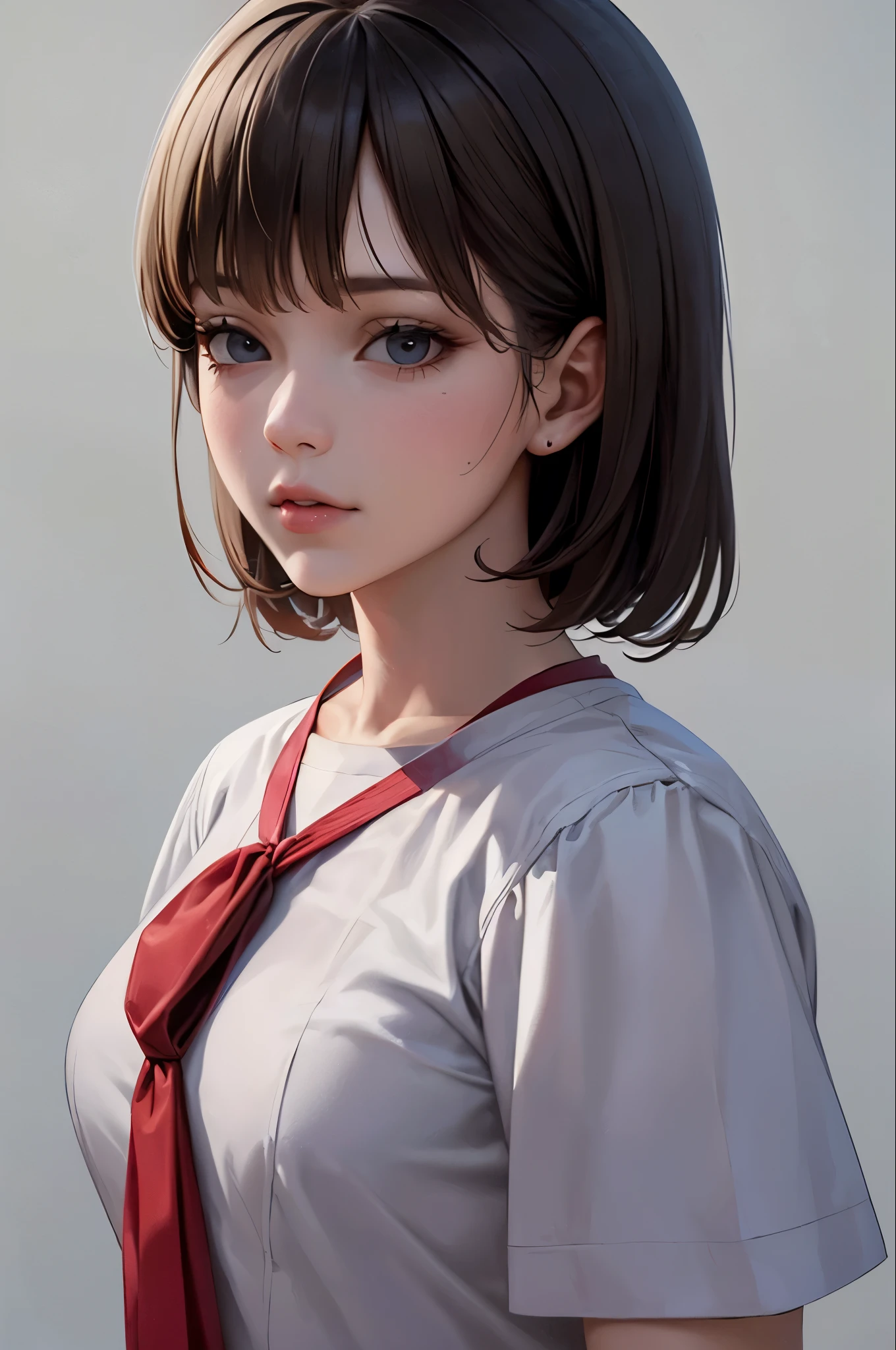 (masterpiece, highest quality,:1.2), One girl, (alone:1.3), Upper Body, White shirt, Short sleeve, , (Dead, Realistic, Real Life, Exceptional, Best aesthetics, new, newest, highest quality, masterpiece:1.2), soft_Lighting, soft_skin_tone, woman_hair, (White Background, Simple Background,:1.2),