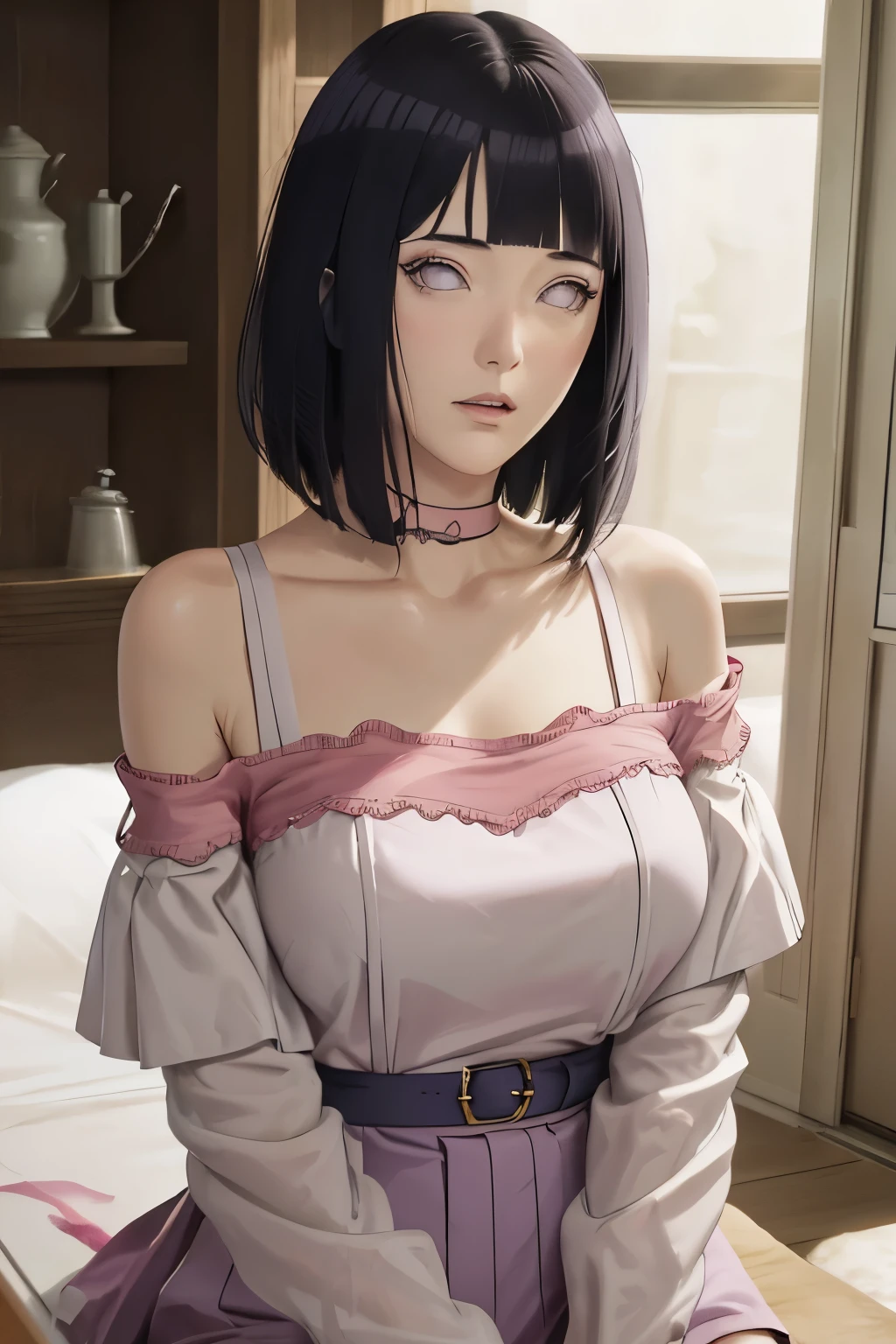 masterpiece, absurdres, hinata\(boruto\), 1girl, solo,mature female, off-shoulder strap bra, high waist short skirt, looking at viewer, perfect composition, detailed lips, big breast, beautiful face, body propotion, blush, (pink lips), long hair,  purple eyes,  soft gaze,  super realistic, detailed, photoshoot, realistic face and body,