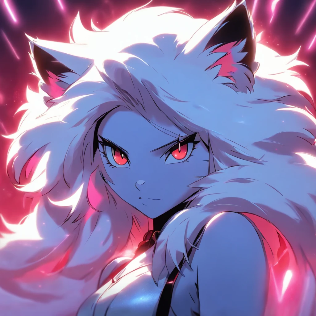 An anthropomorphic furry silver female artic cat, humanoid, cute snout, long silver hair, silver fluffy body, silver artic cat tail, silber artic cat ears, red eyes, wearing black shorts, black tank top, black boots