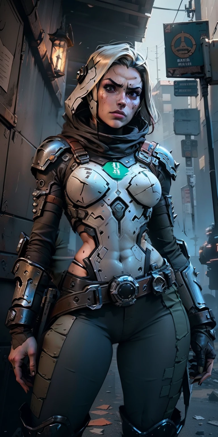 <lora:cyber_maya:0.8>, cyber_maya, full-length portrait, Swedish Human Combat Mage, Charcoal Gray Acid Green Chartreuse Green cloth, short sleeves, dragon tattoo, Black short hair, shadowrun, masterpiece, 8k, highest quality, HDR, UHD, cyberpunk, intricate, (cinematic composition), dramatic lighting, high contrast, low angle shot, dominant posture, neutral facial expression, tribal jewelry, piercing, realistic folds, sci-fi, futuristic, light protective gear, pants
