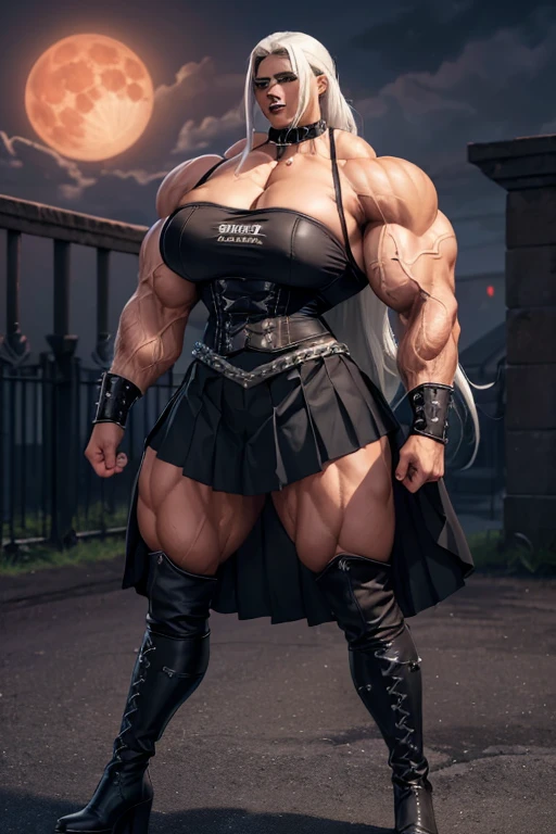 ((((Massive, tall, beautiful, buff, brown skinned muscular woman with white hair, black lipstick, ginormous bulky muscles, wearing a black gothic uniform with pleated gothic skirt)))), (close view), massive muscle, massive biceps, hyper muscle shoulders, ginormous muscle arms, hyper muscle triceps, (long straight hair), blue eyes, spiked choker, chain belt, black spiked boots, spiked gauntlets, fingerless gloves, (standing in a dark gothic schoolyard), evil smirk, night, red moon, red skies, hyper vascular arm, hyper muscles arms, hyper muscle legs, ginormous arms, close view