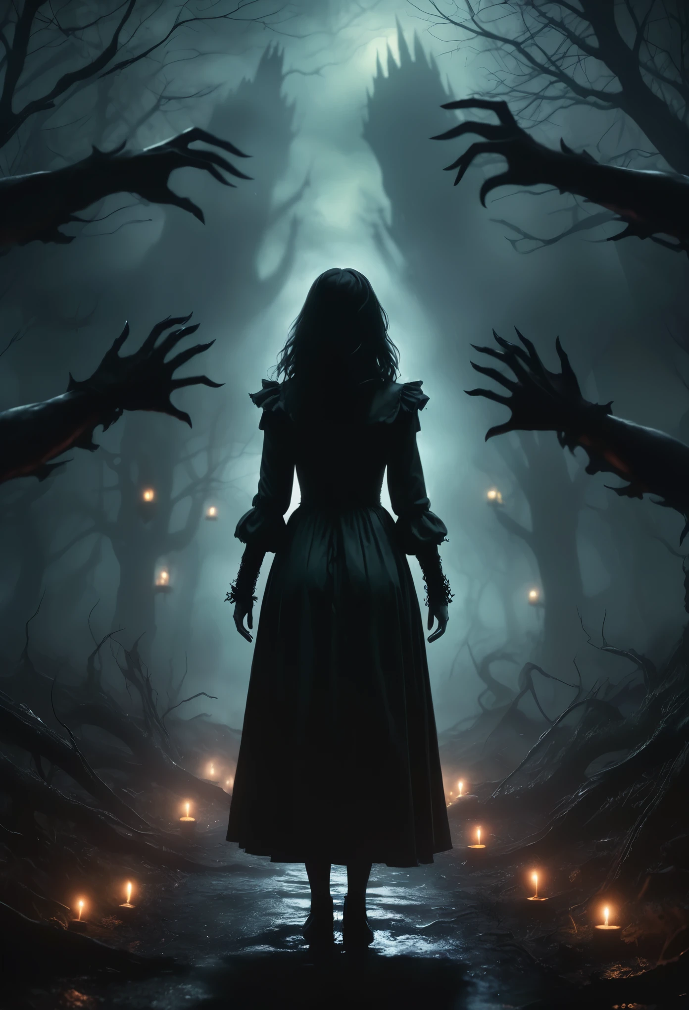 Best Quality, 4K, 8K, High Resolution, Masterpiece: 1.2), Ultra Detailed, (Realistic, Realistic, Photo Realistic: 1.37), Stacked Hands, Scary Fantasy Background, Back of a Girl Looking Back, Scary Landscape, Demonic Atmosphere, Dark Shadows, Creepy Atmosphere, Bright Colors, Detailed Folds on Hands, Sinister Atmosphere, Ominous Background, Spooky Atmosphere, Demonic Touch, Spooky Lights, Unsettling Shadows, Chilling Mood, Dark and Mysterious Environment, Ghostly Elements, Ghostly Presence, Supernatural Aura, Surreal Environment, Haunting Feeling, Scary Overtones, Sinister Tone, nightmarish textures, fear-inducing, otherworldly beauty, creepy details, supernatural elements, lurking dark secrets, haunting beauty, creepy feelings, horror-themed backgrounds, disturbing scenes, unfathomable darkness