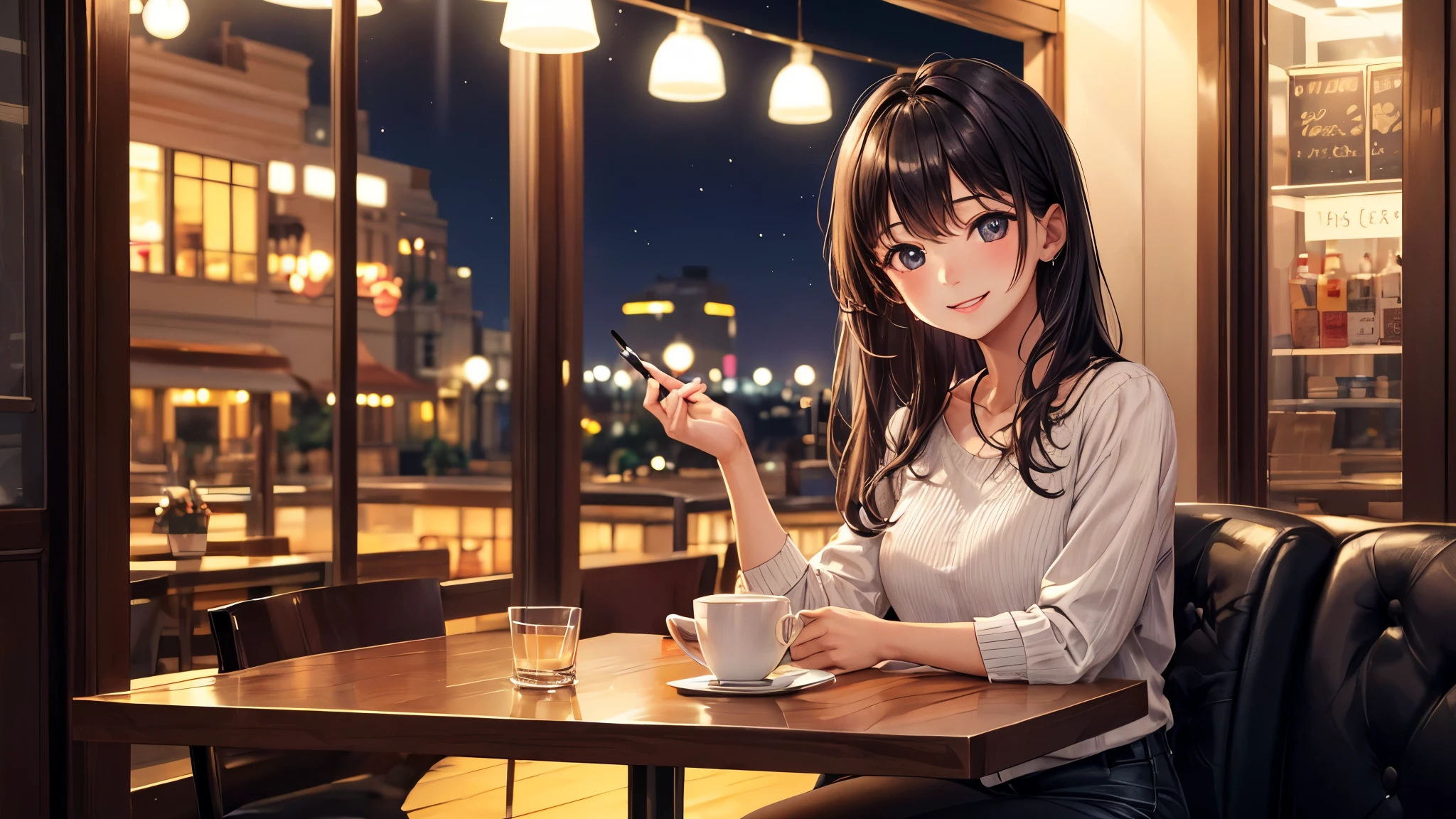 (Original photo, highest quality), 1 girl,  Liza, night,Cafe, smile,
Sathosh Khan&#39;s art style