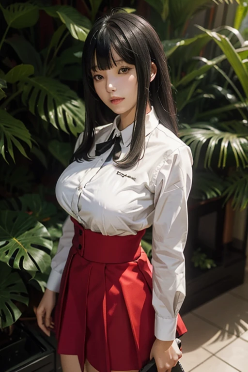 sit in tropical rainforest , steam , waistband of skirt is at the point above chest , Tight shirt , white Shirt , school girl , skirt under breasts , skirt is near breasts area , skirt is adjacent to the chest , jabami yumeko, black hair, long hair, blunt bangs , red jacket, shirt, black skirt , big breasts , pikkyyumeko pikkyyumeko, 1girl, solo, looking at viewer, black hair, bangs, blunt bangs, long hair, very long hair, hime cut, red eyes, glowing eyes, breasts, large breasts, , shirt, red jacket, jacket, white shirt, collared shirt, lips, blazer, black pantyhose, mary janes,  full body,