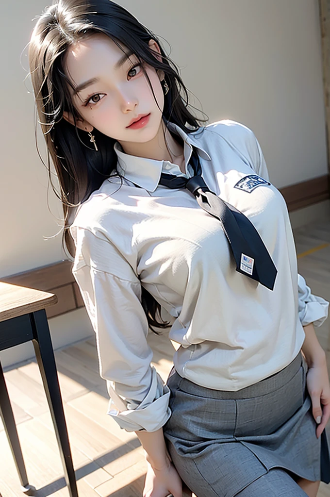 a Korean girl walking in the School, School, White wall, Gray table, Sexy pose,
(((masterpiece))), ((best quality)), ((Intricate details)), ((Surrealism)), H, , Mature woman, view, Very detailed, illustration, 1 girl, ((Large Breasts)), Perfect hands, Detailed fingers, Beautiful and delicate eyes, long hair, Brown eyes, name tag, CEO, (Korea School outfit:1.2), School blazer, School shirt, skirt, long School necktie, earrings, Detailed background, bedroom, Perfect eyes, Seductive eyes, looking at the audience, From the front