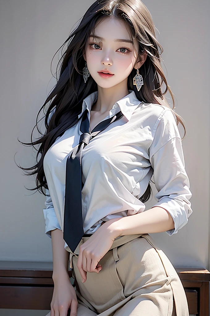 a Korean girl walking in the School, School, White wall, Gray table, Sexy pose,
(((masterpiece))), ((best quality)), ((Intricate details)), ((Surrealism)), H, , Mature woman, view, Very detailed, illustration, 1 girl, ((Large Breasts)), Perfect hands, Detailed fingers, Beautiful and delicate eyes, long hair, Brown eyes, name tag, CEO, (Korea School outfit:1.2), School blazer, School shirt, skirt, long School necktie, earrings, Detailed background, bedroom, Perfect eyes, Seductive eyes, looking at the audience, From the front